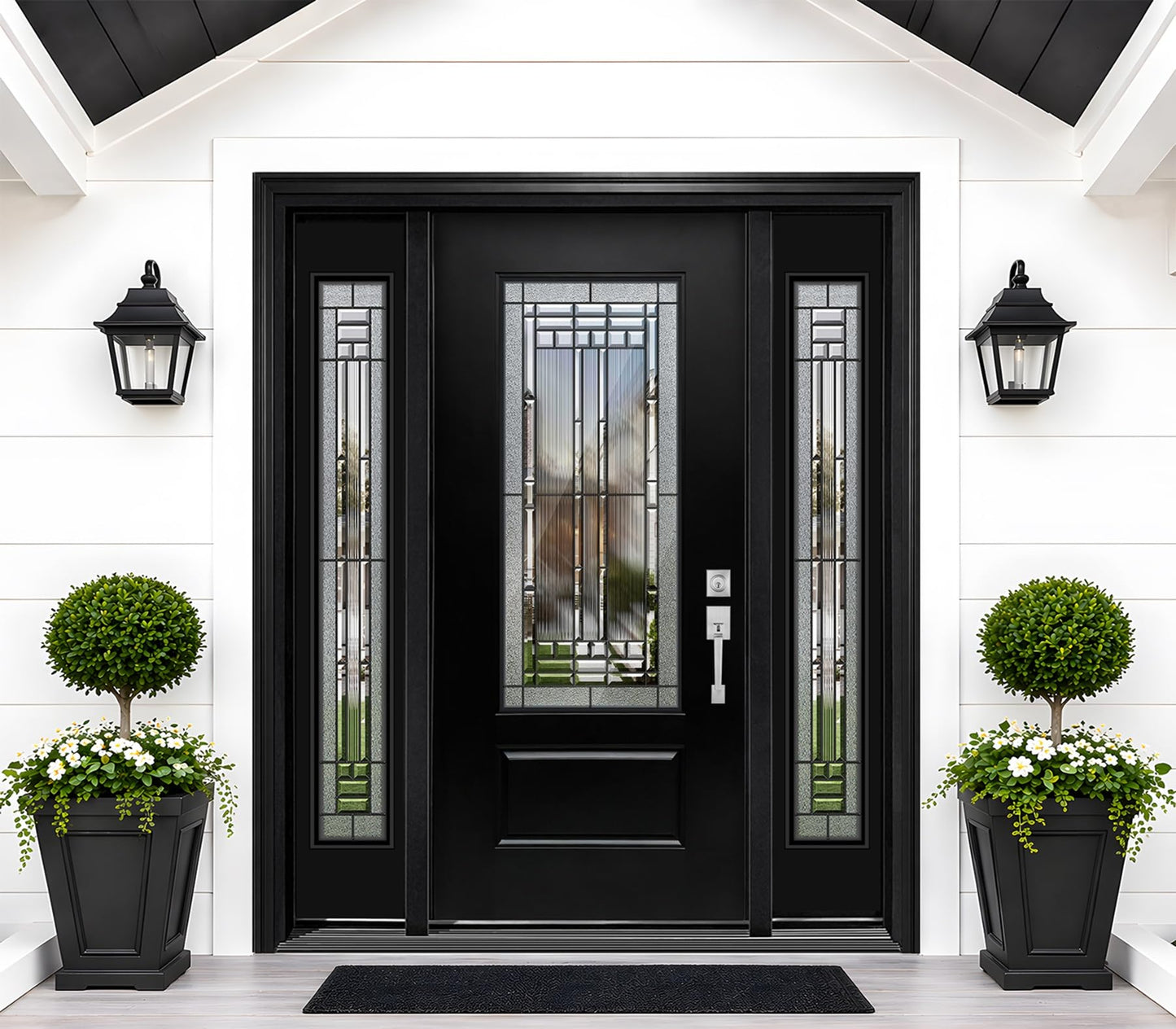 Fiberglass Front Door with Double Sidelights - 68" x 80", Single Exterior Entry Door with Decorative Glass and 14in Sidelights, Left Hand Inswing, Black Knock-Down Door, Brickmould and Jamb Included