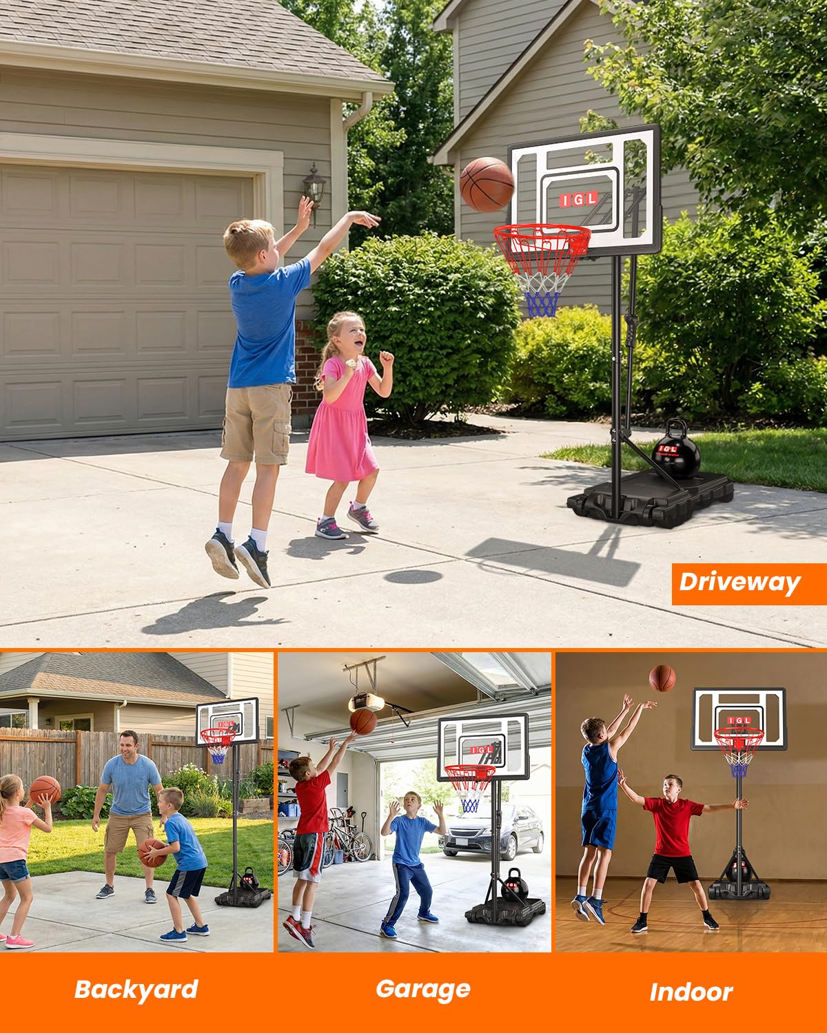 IGL Kids Basketball Hoop Outdoor | 4-8.5ft Adjustable Height | 33" Shatterproof Backboard | Fillable Base & Extra Anchor | Portable Goal w/Wheels for Backyard Driveway | Gift for Kids Teens Youth