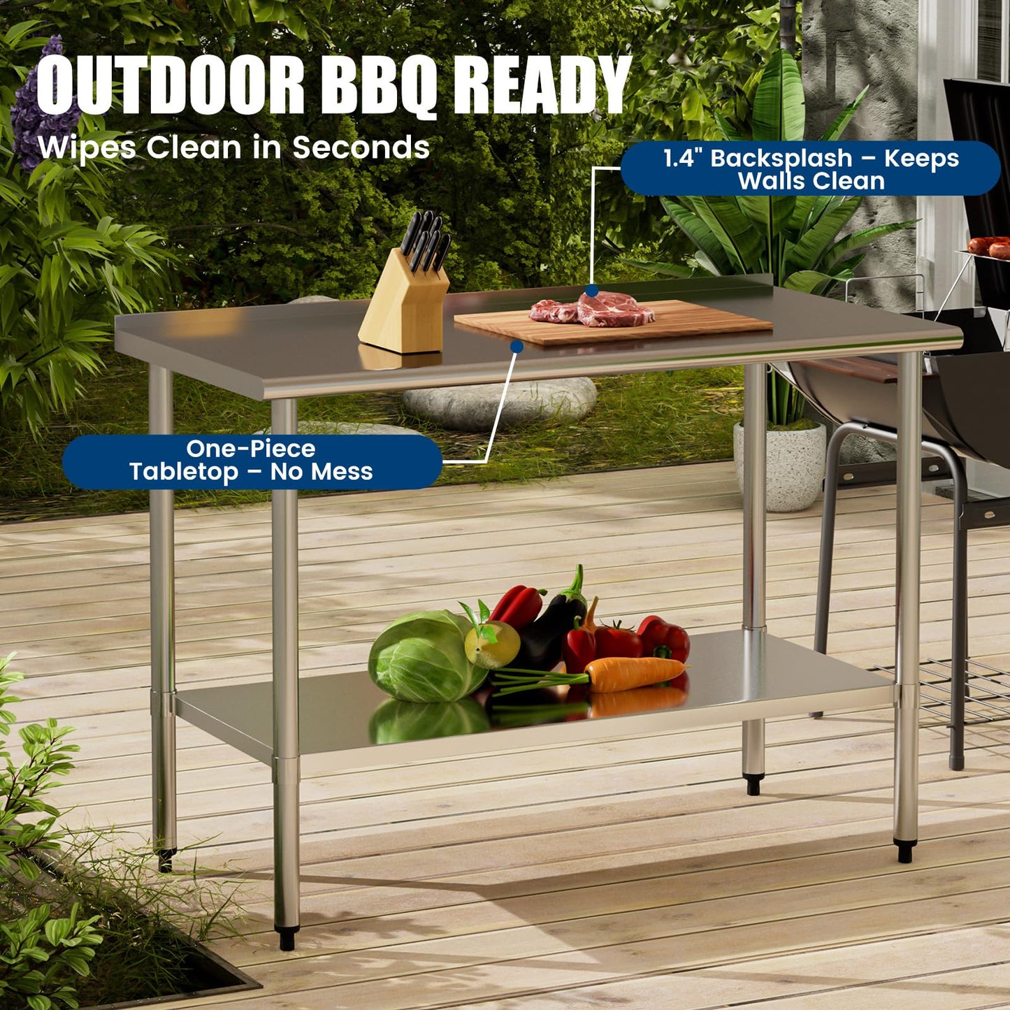 Chingoo Stainless Steel Work Table 24x60 Inch with Adjustable Undershelf & Backsplash, Heavy-Duty Prep Table for Commercial Kitchen, Restaurant, Garage, Outdoor