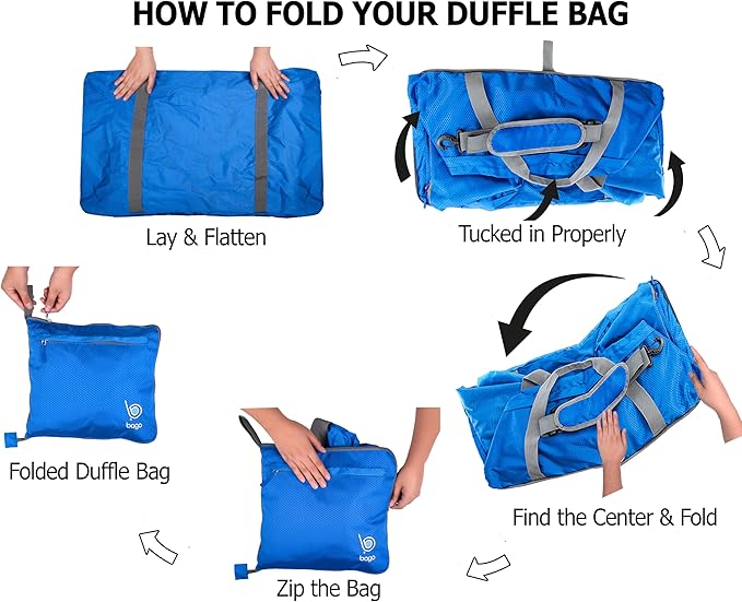 Bago Large Foldable Duffel Bags for Traveling Women & Men - 100L Packable Duffle Bag for Travel with Shoe Compartment - Water Repellant, Heavy Duty, Lightweight Folding & Collapsible (SnowDepBlue)