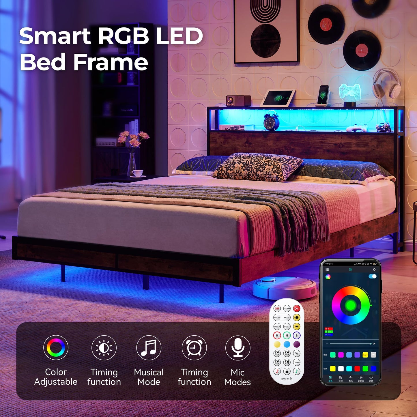 BedsPick Full Bed Frame with 2-Tier Storage Headboard, Metal Platform Full Size Bed Frame with Smart LED Lights & USB Charging Station, Noise-Free/Metal Support/No Box Spring Needed, Brown
