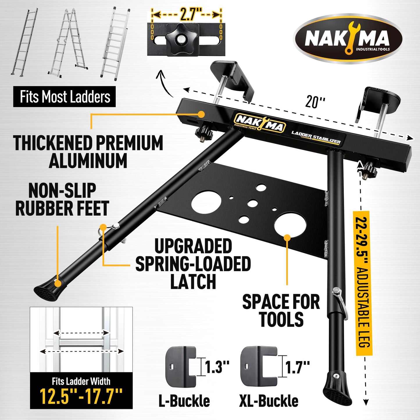 Nakyma Ladder Stabilizer, Ladder Stabilizer for Roof, Wall Ladder Standoff Aviation Grade Aluminium, Adjustable Leg 22-29.5" Ladder Stabilizer withstands 300 LBS Weight Rating