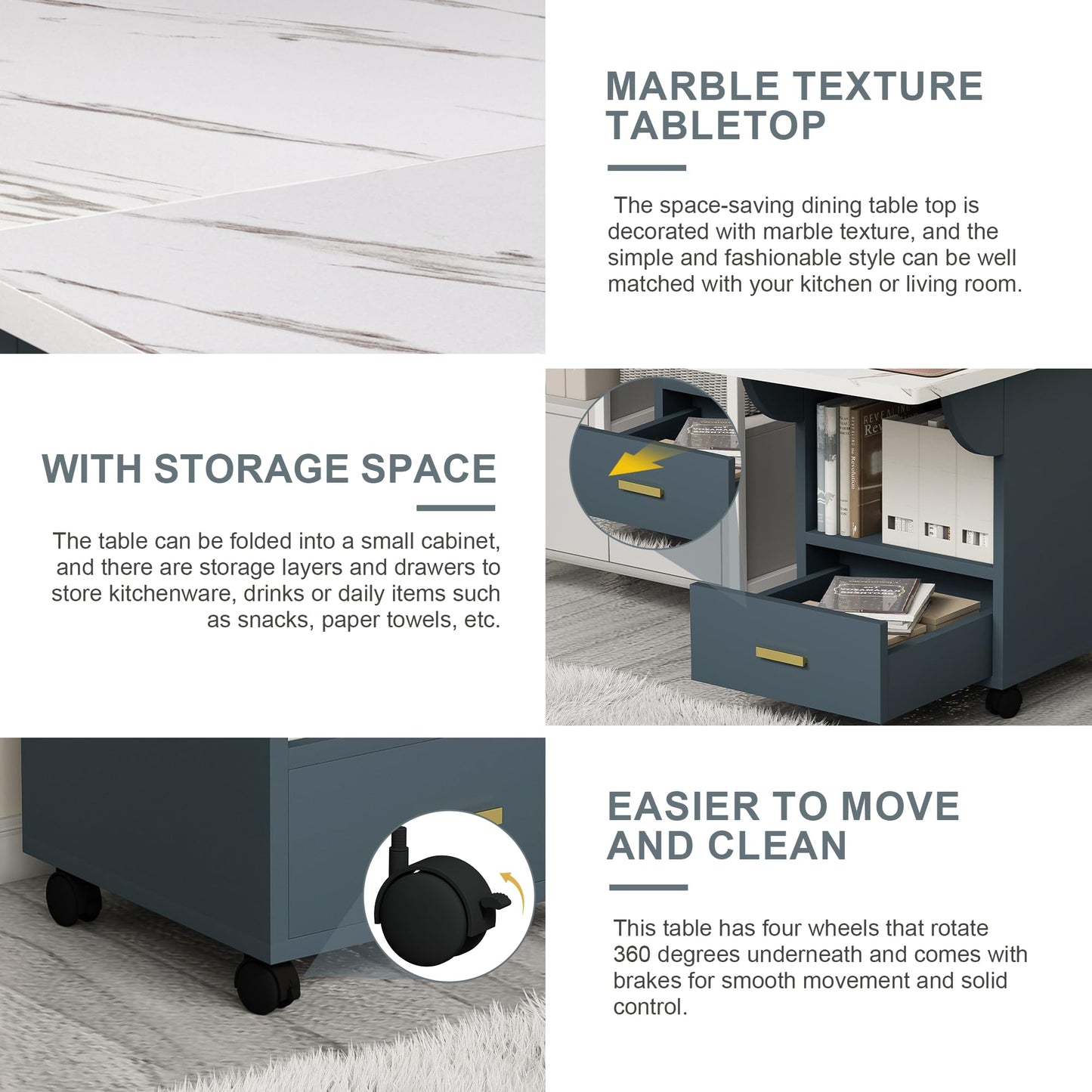 mikibama 39.4" Wooden Folding Kitchen Island with Storage Cabinet & 4 Wheels,White Marble Color Top Rolling Mobile Cart,Expandable Dining Table for Small Spaces,Versatile Side Entryway Table