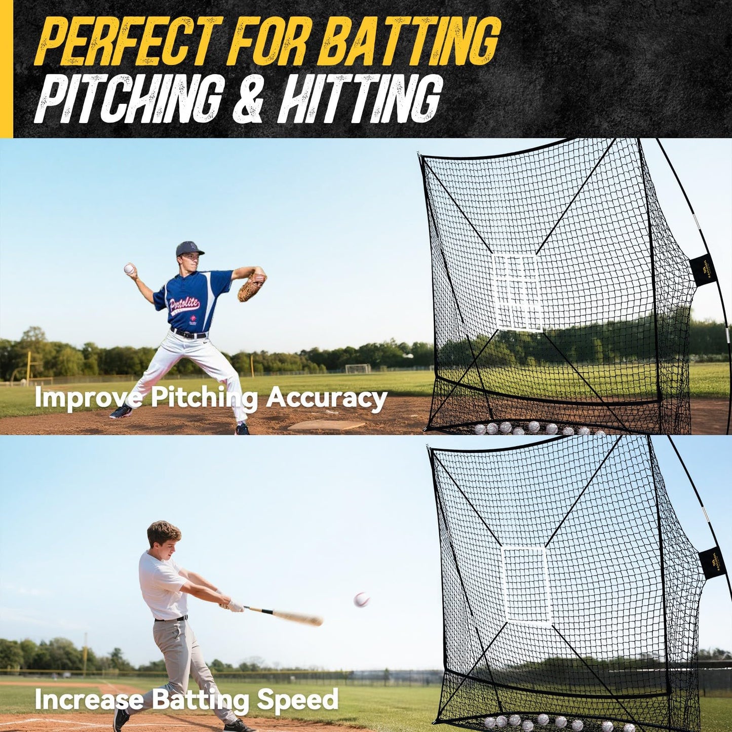 PodiuMax 7x7 Baseball & Softball Net with Large Ball Collection System, Upgraded Triangular Base, Softball Pitching Net with 2 Strike Zone, Baseball Nets for Batting, Pitching, Fielding