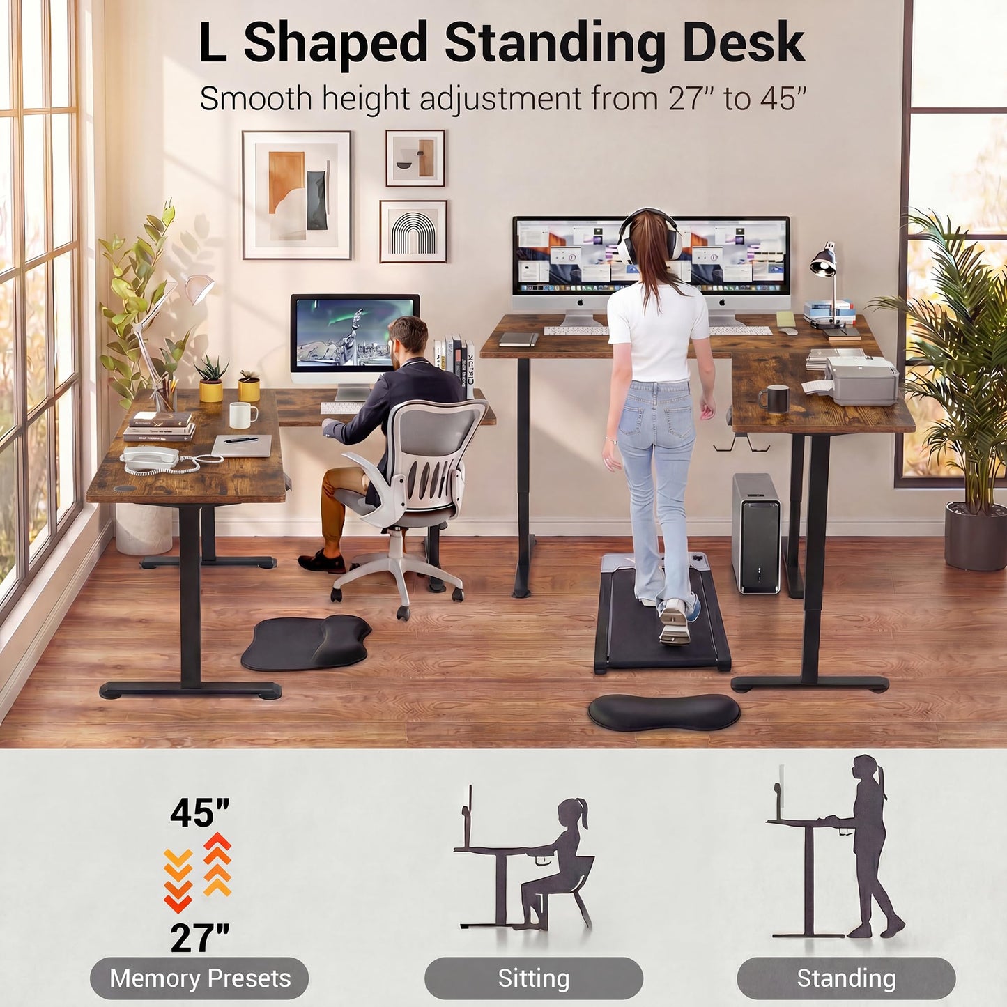 Himimi 63"×55" L Shaped Standing Desk, Height Adjustable Corner Stand Up Desk with Mouse Pad, Sit Stand Corner Desk with Memory Controller for Home Office (Brown)