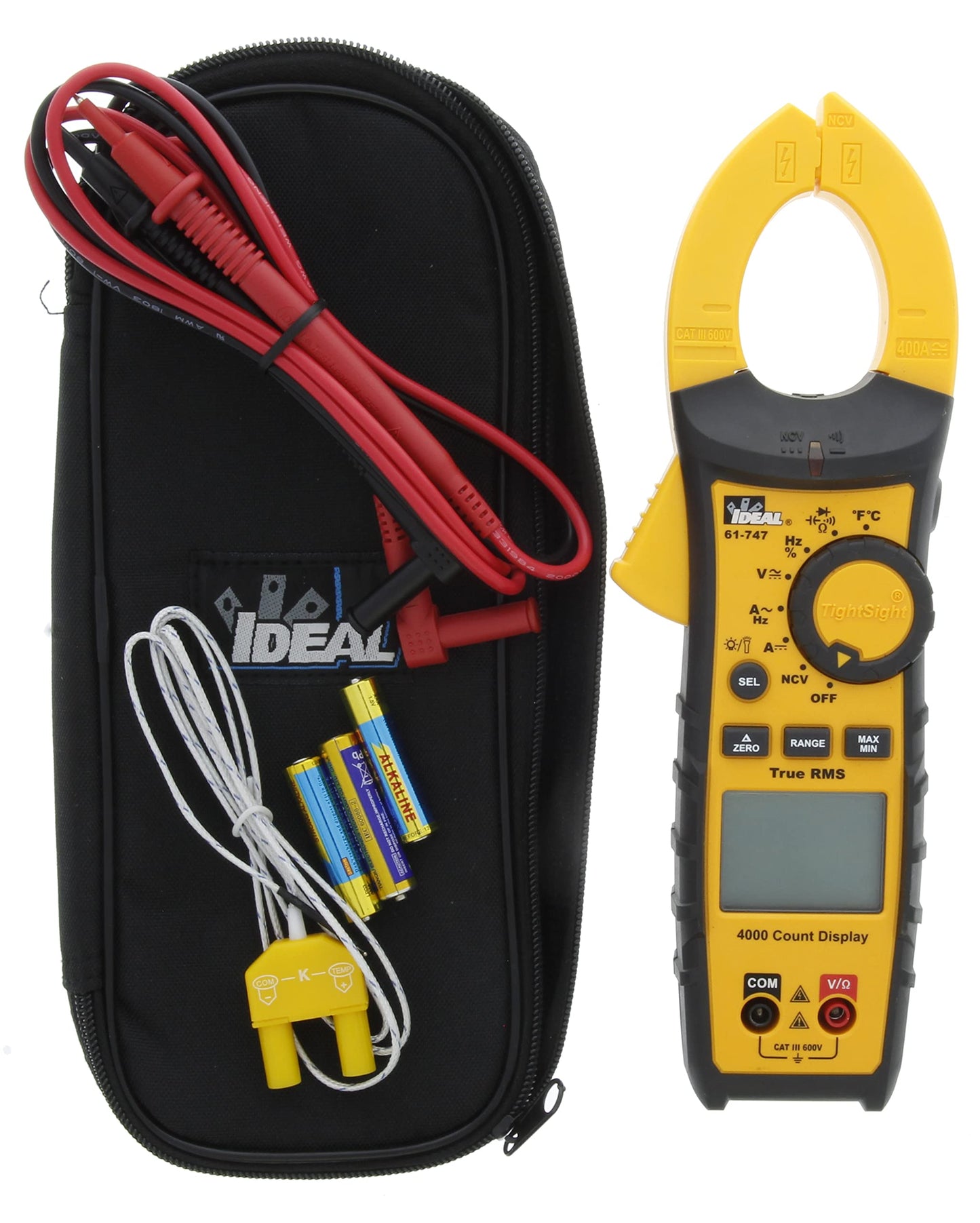 IDEAL Electrical 61-747 TightSight 400 Amp 600-Volt Digital Truerms AC/DC Clamp Meter, CAT III 600V, Dual Backlit Displays, Flashlight, NCV 40–600V, Temp, Continuity, Capacitance, Diodes, Probe Holder