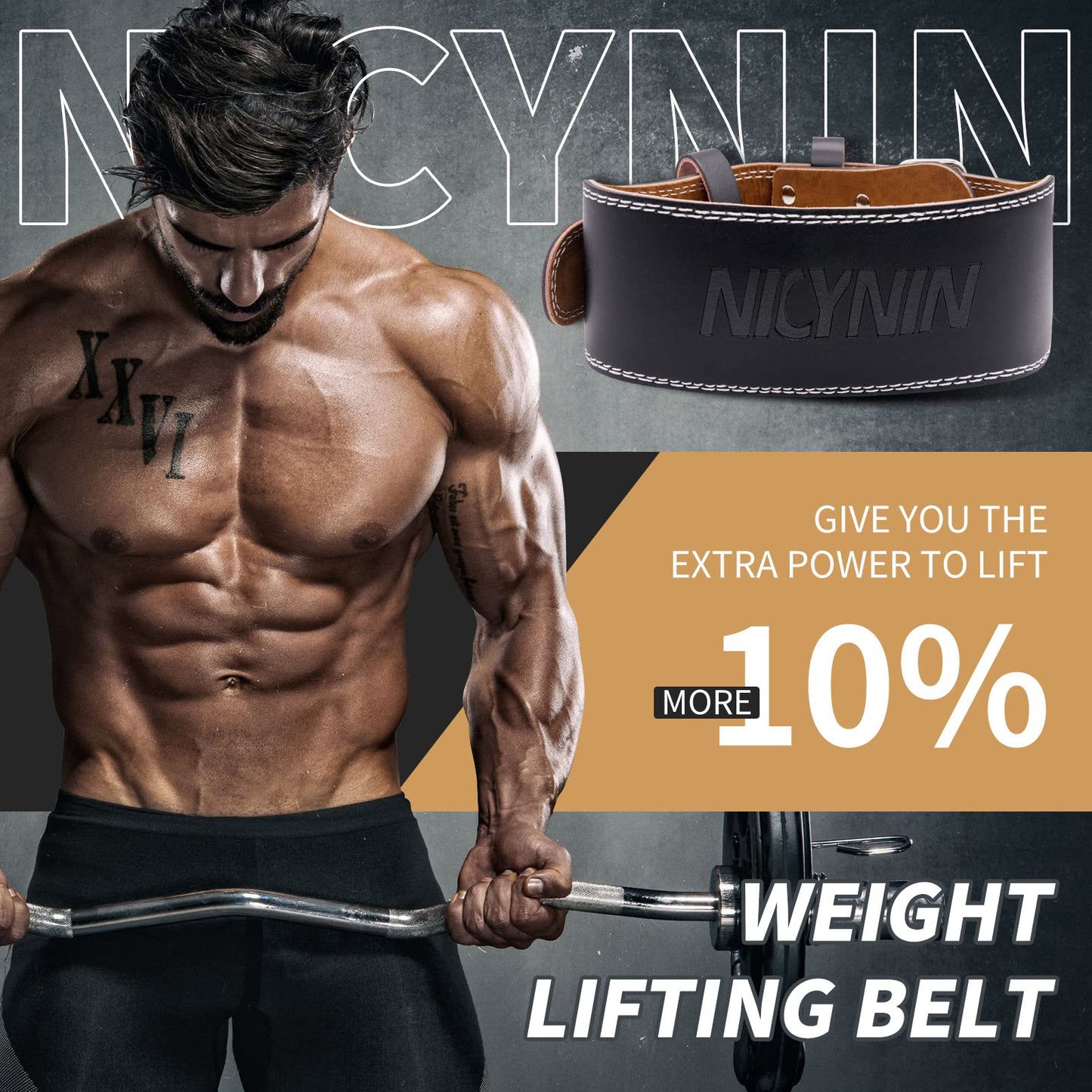 Nicynin Leather Weightlifting Belt, Weight Lifting Belt 4 Inch Wide for Men Women, Gym Lever Belts -Lower Back Support- for Workout, Powerlifting, Squats, Deadlifts, Cross Training (Black, Medium)