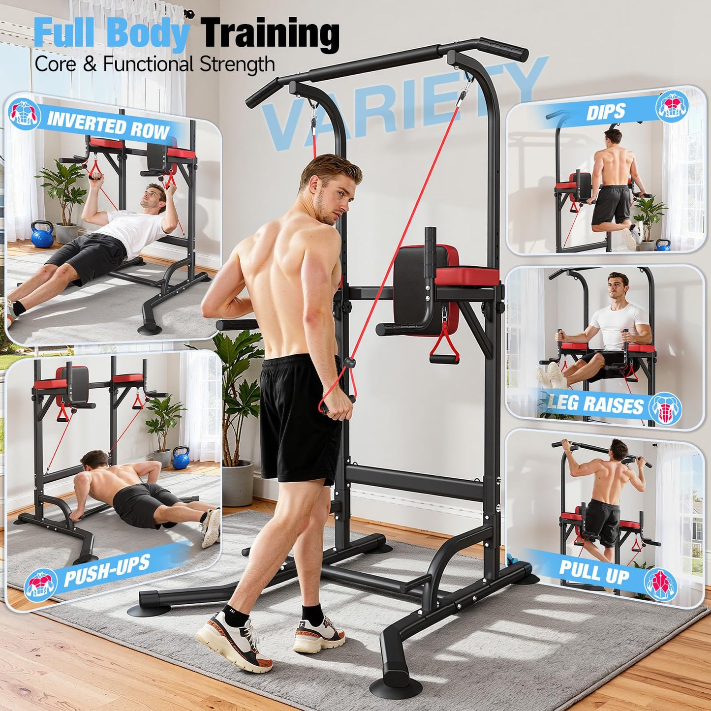 Dskeuzeew Pull Up Bar Free Standing for Multi-Function Home Gym Strength, Pull Up Dip Station Assistive Trainer Height Adjustable with Elastic Ropes, Power Tower Training Heavy-Duty Fitness Equipment