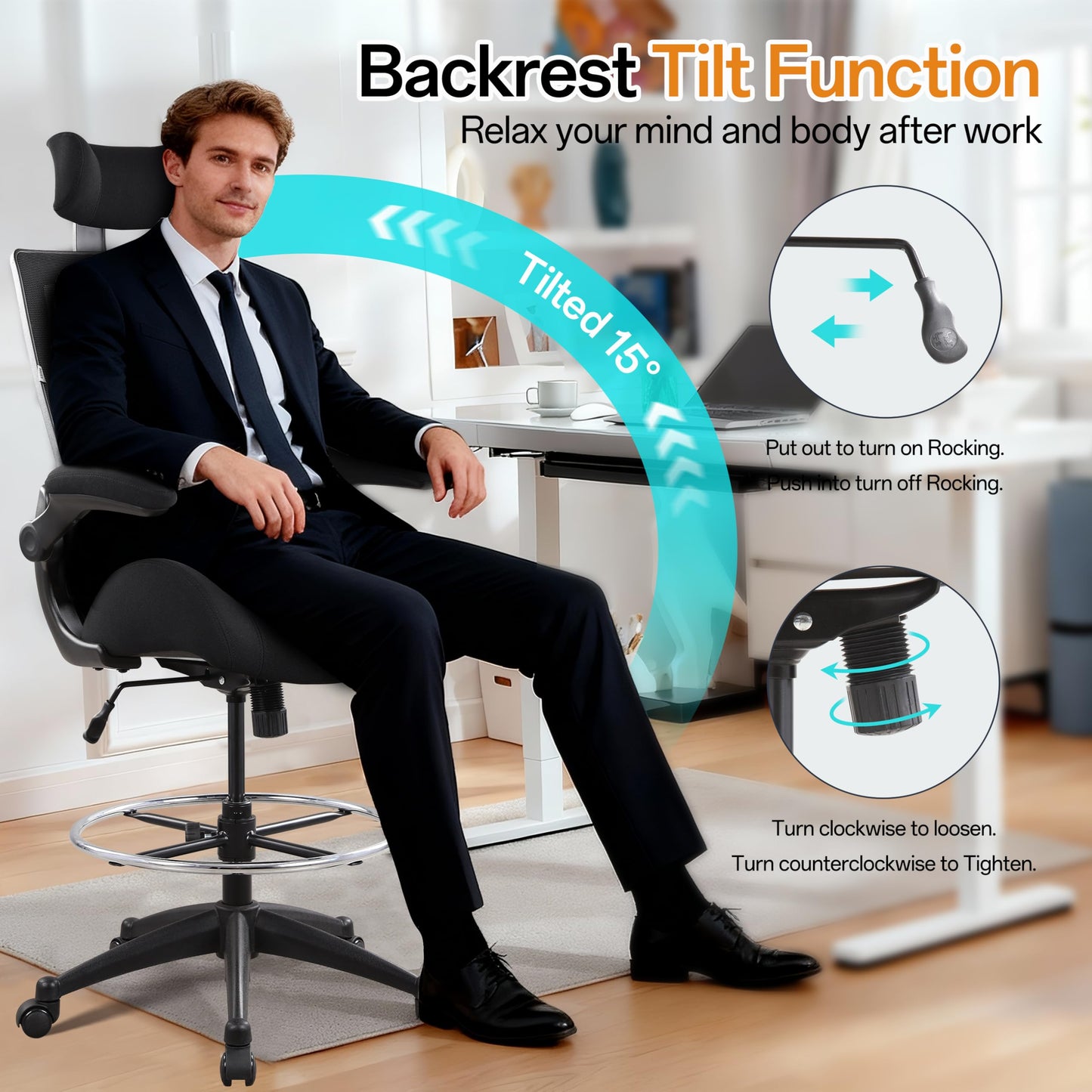BOLISS Drafting Tall Office Chair 400lbs High Back Wide Standing Desk Chair Comfortable with Flip up Armrests Lumbar Support Adjustable Big Footrest Ring(Black)