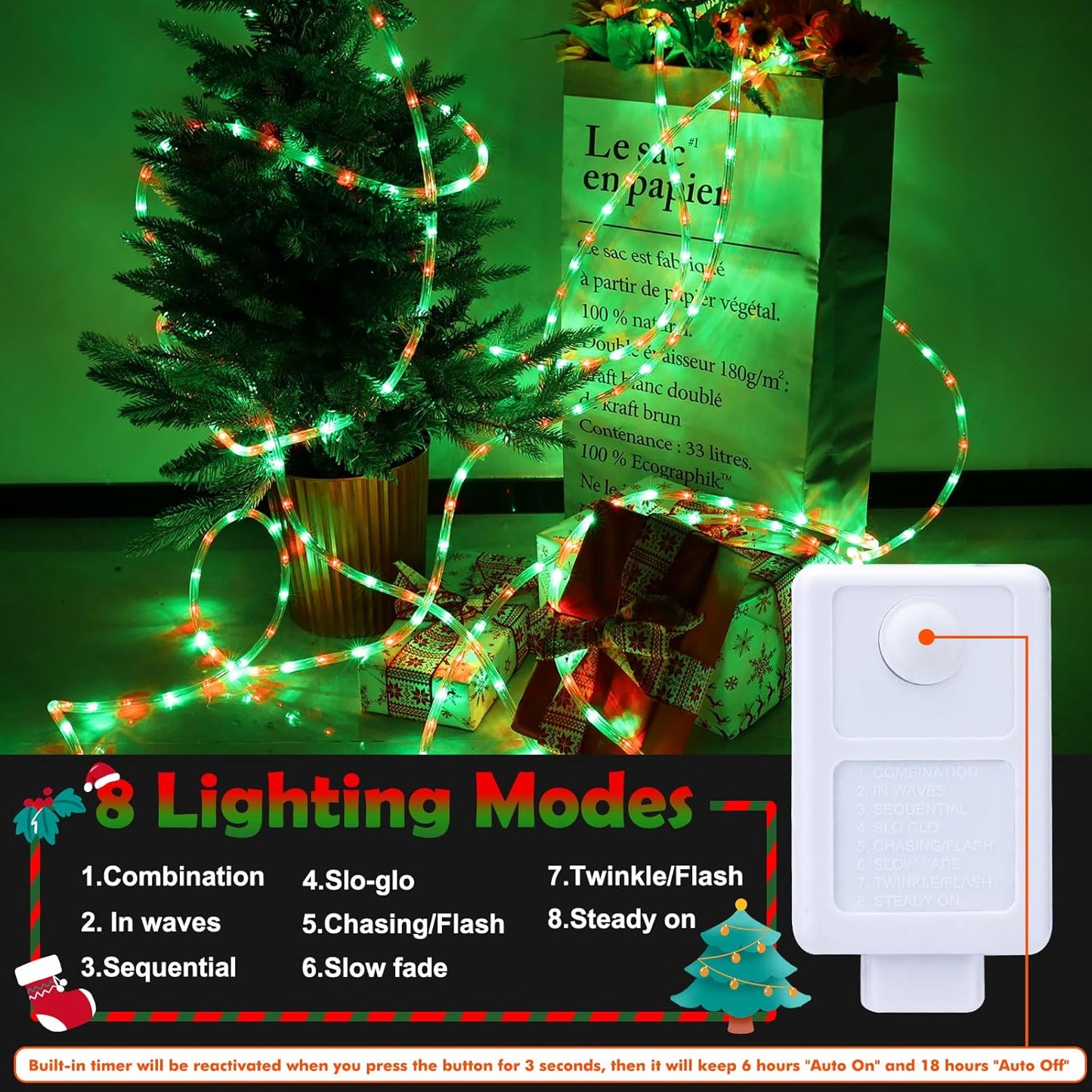 Skiennix 200ft LED Rope Lights - Waterproof, Flexible Tube Lighting for Outdoor & Indoor Decor | 8 Modes, Red & Green