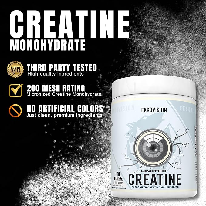 Ekkovision Creatine Monohydrate Powder, Micronized, Glacier Gummy, Pre Workout & Post Workout Supplement for Men & Women, Energy Support, Easy to Mix in Shakes, Smoothies & Beverages, 100 Servings