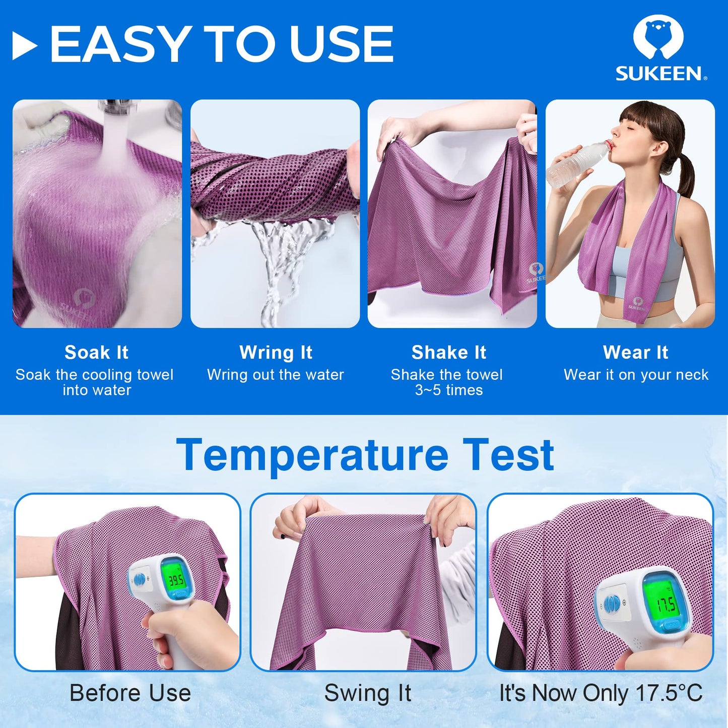 Sukeen 4 Pack Cooling Towels for Hot Weather 40"x12", Gym Towels for Men and Women, Soft Breathable Workout Towels for Yoga, Running, Sport, & More