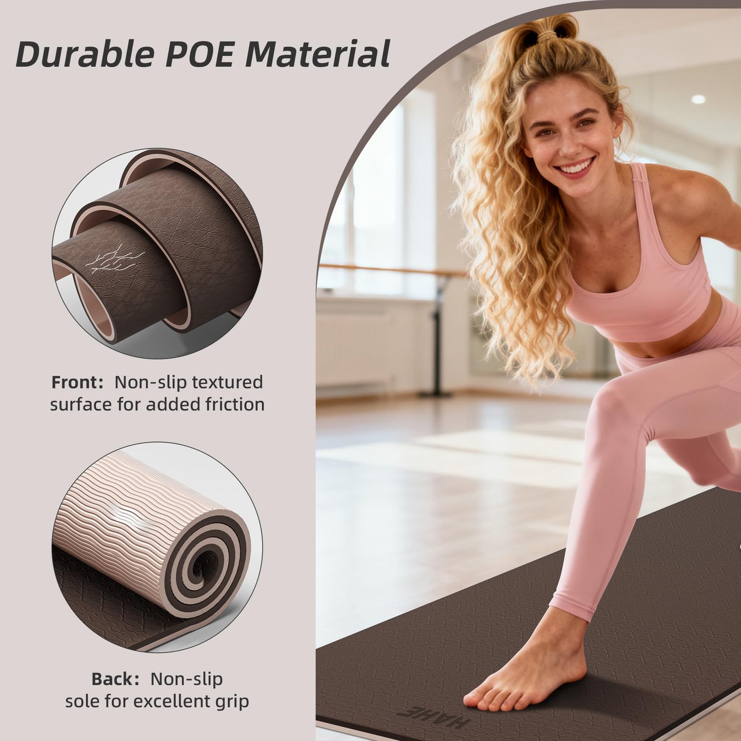 HAHE Extra Thick Yoga Mat, 72"Lx32"Wx0.4"Th (10mm), Wide Non-slip Exercise Mats with Carry Strap, Double-Sided POE Fitness Mat for Yoga, Pilates & Floor Workouts (Dark Brown+Beige)