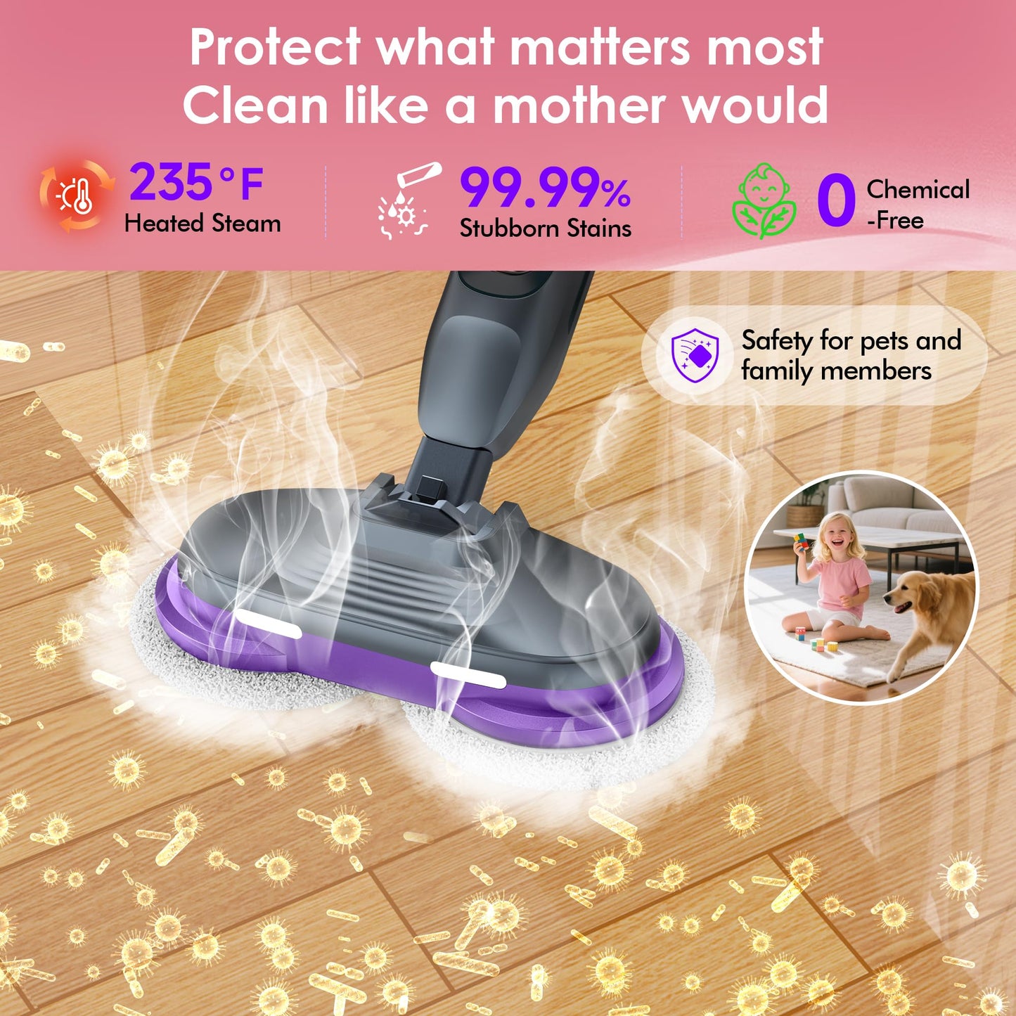 BOJUK Scrub & Steam Mop with Rotating Mop Pads, 4 Cleaning Modes & LED Headlights, 6 Scrub Pads, Large Tank, Swivel Steering, All-in-One Hard Floor Cleaner