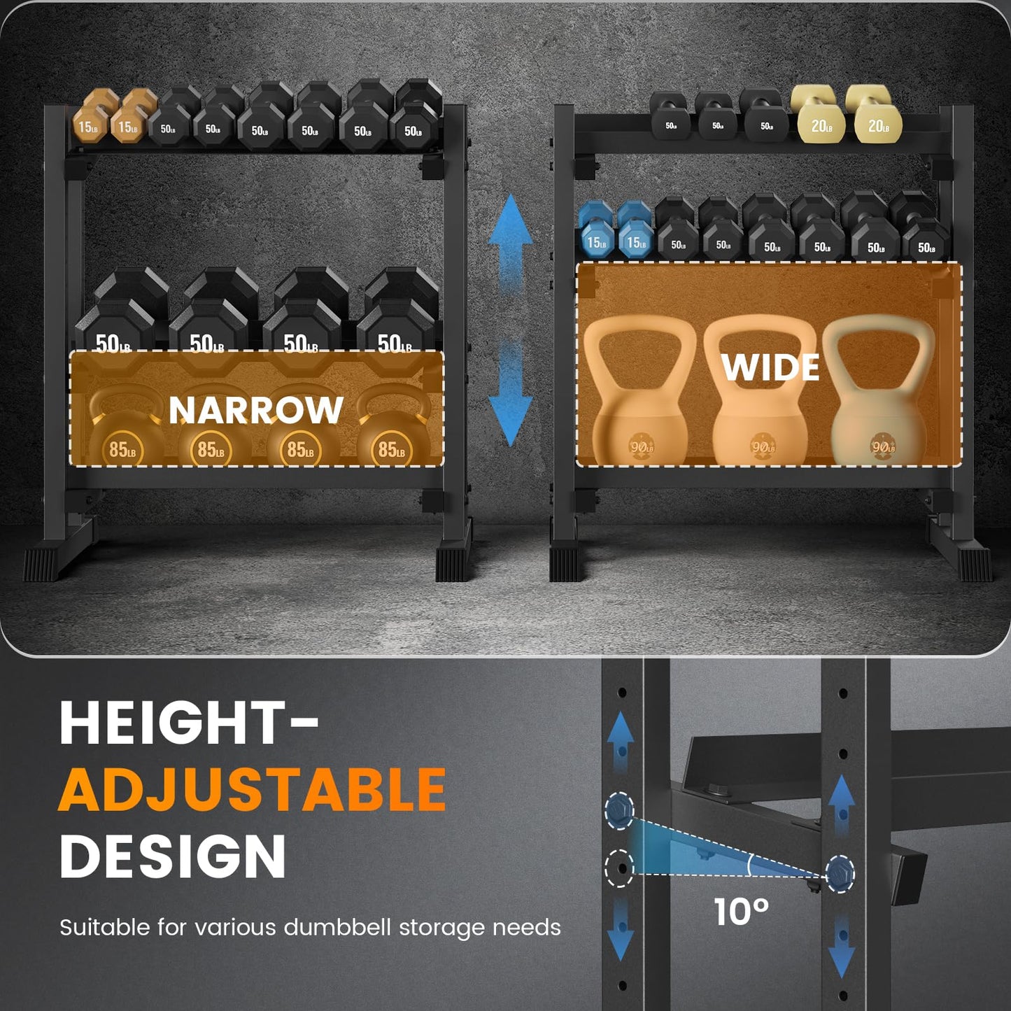 TOPIRON 3-Tier Dumbbell Rack, 1100LBS Capacity Adjustable Weight Rack, Heavy-Duty Weight Stand for Dumbells & Kettlebells, Compact Weight Storage Organizer for Home Gym (Rack Only)