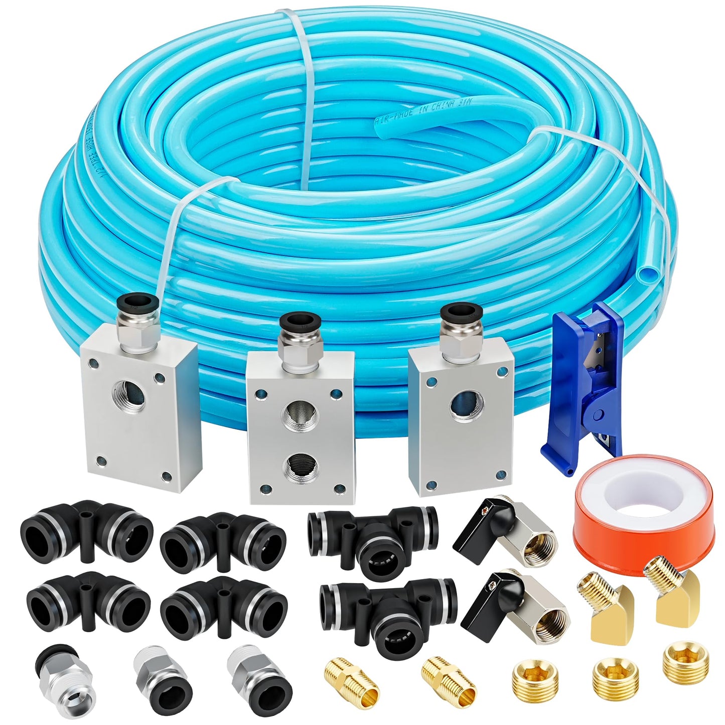 1/2″OD Compressed Air Piping System and Shop Air Line Kit with 100ft TPEE Tubing 3/8″ID, 27-Piece Air Push to Connect Kit