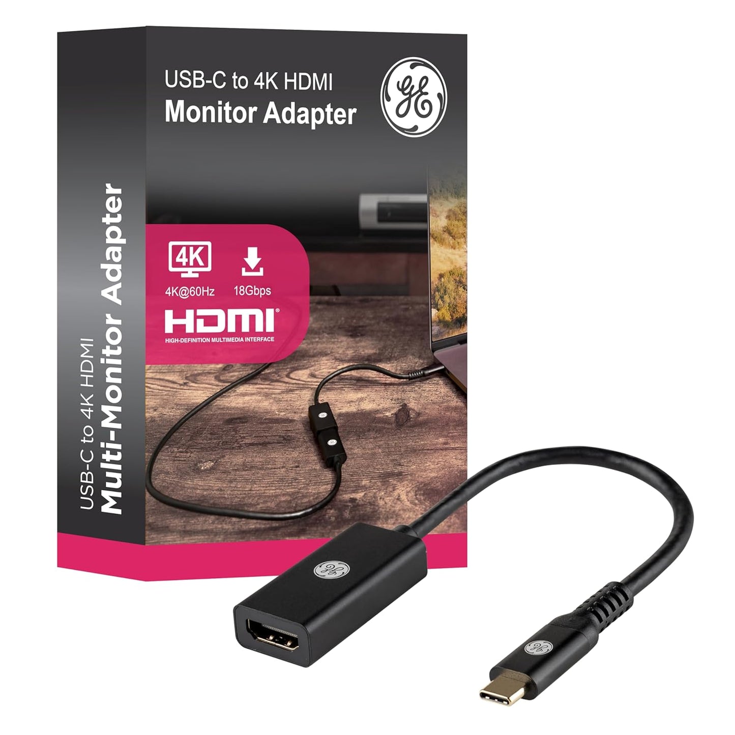 GE 4K 76050 USB-C to HDMI Multi-Monitor Adapter, Ultra HD Video & Audio, Travel-Ready, Plug & Play