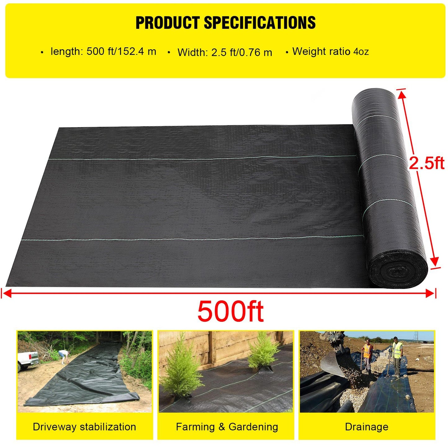 Driveway Fabric 2.5x500 ft - Commercial Weed Barier, Heavy Duty 4OZ Landscape Fabric for Road, French Drain, Erosion Control, andConstruction Projects