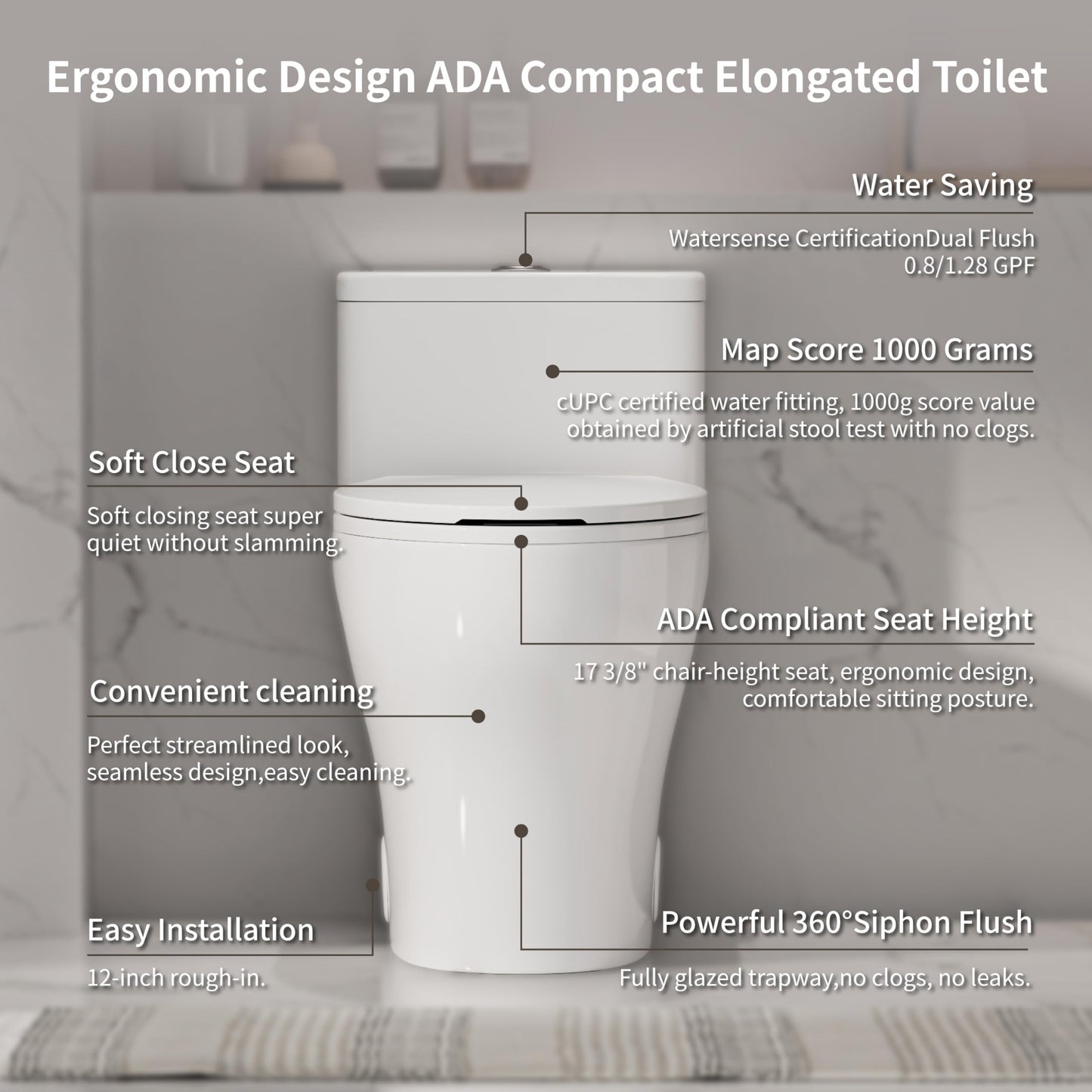 Elongated One Piece Toilet with Comfort Chair Seat ADA Height 17.33", Powerful Dual Flush 0.8/1.28 GPF Compact Toilet, MAP 1000g, Standard White Toilet Bowl, 12'' Rough-in