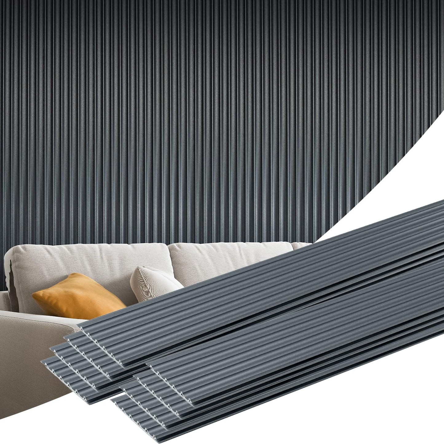 Art3d 8 Pack WPC Wainscoting Panels, 104" x 6.3" Slat Wall Paneling, Glossy Metal Finish 3D Wall Panels, Wavy Panels for Interior Wall Decor, Living Room, Bedroom - Steel Gray