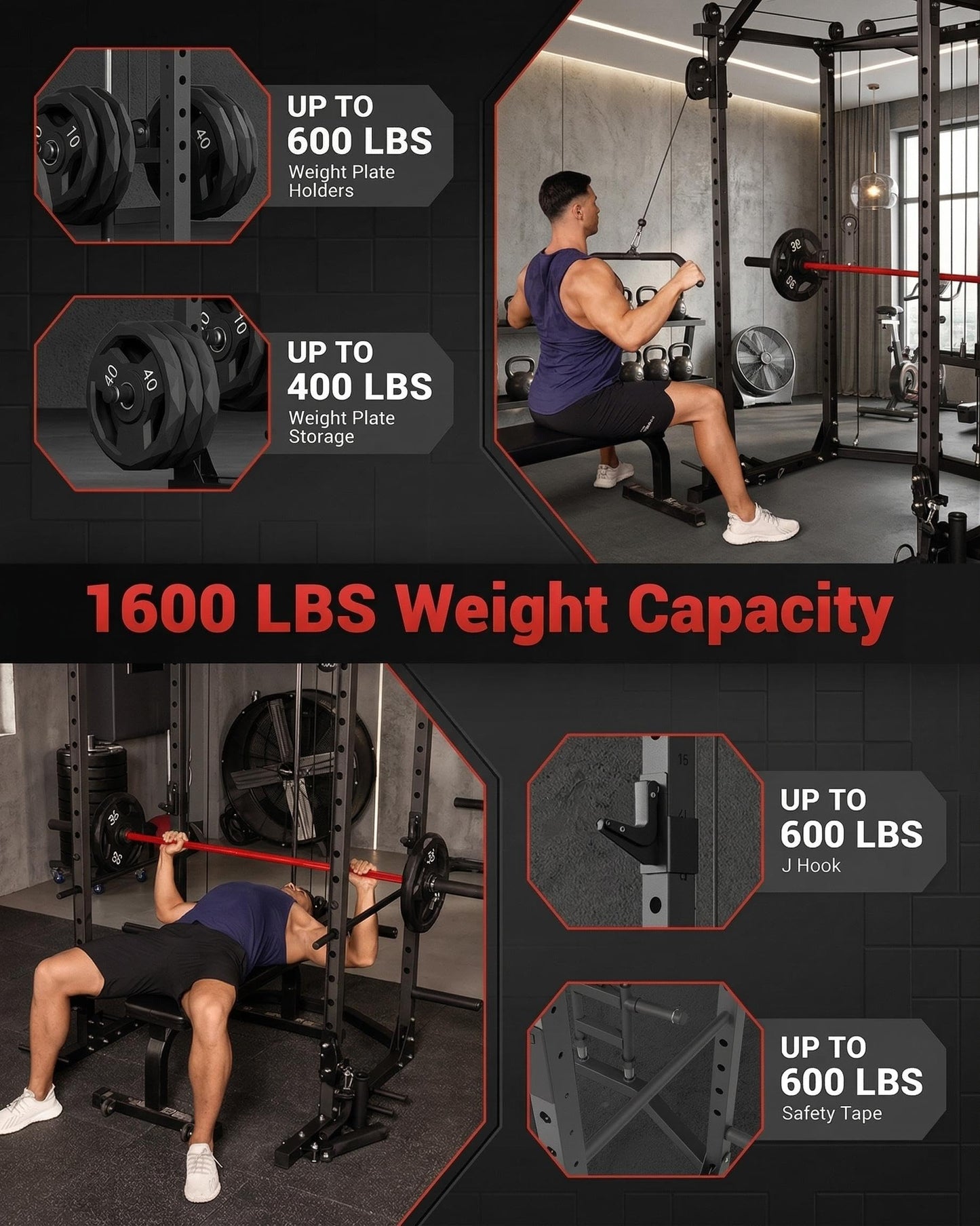 Garvee Power Cage with Cable Crossover System, 1600 Lb Capacity Carbon Steel Power Rack for Home Gym with LAT Pulldown Pulley System, j-Hooks, Dip Handles, Landmine Attachment