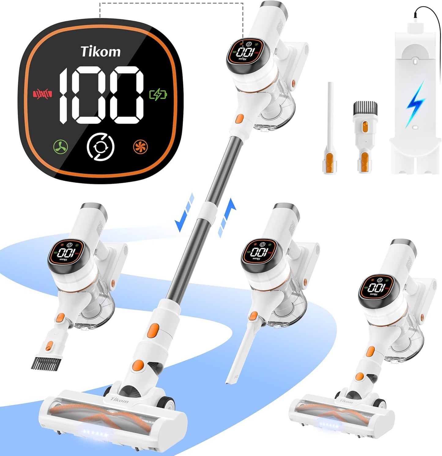 Tikom V500 Cordless Vacuum Cleaner - 40000Pa Suction Power, LED Touch Screen, Lightweight Design for Pet Hair & Hard Floors