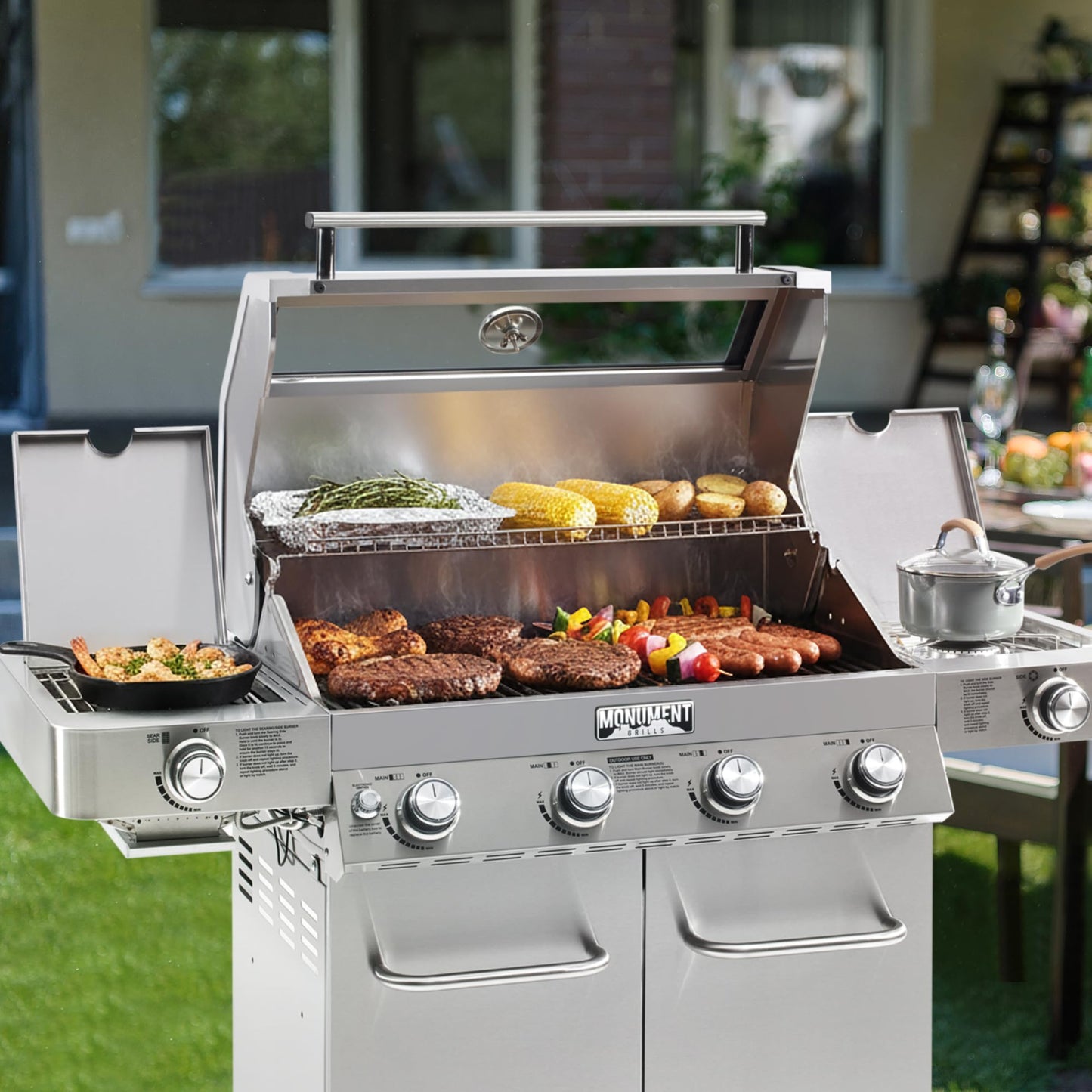 Monument Grills Larger 4+2 Burner Propane Gas Grills Stainless Steel Cabinet Style with Clearview® Lid, Knob Controls, Built-In Thermometer, Infrared Side Sear Burners & Side Burners, Outdoor Use