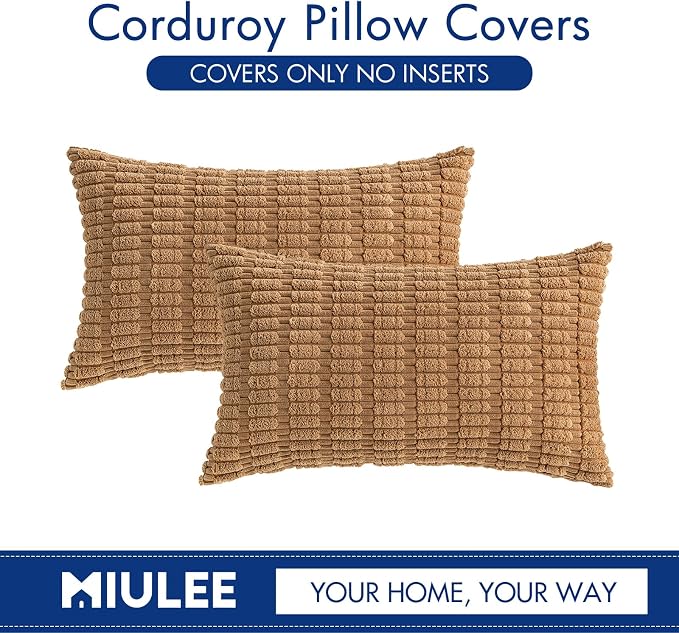 MIULEE Pack of 2 Corduroy Decorative Lumbar Throw Pillow Covers 20x12 Inch Soft Boho Striped Pillow Covers Modern Farmhouse Home Decor for Sofa Living Room Couch Bed Brown