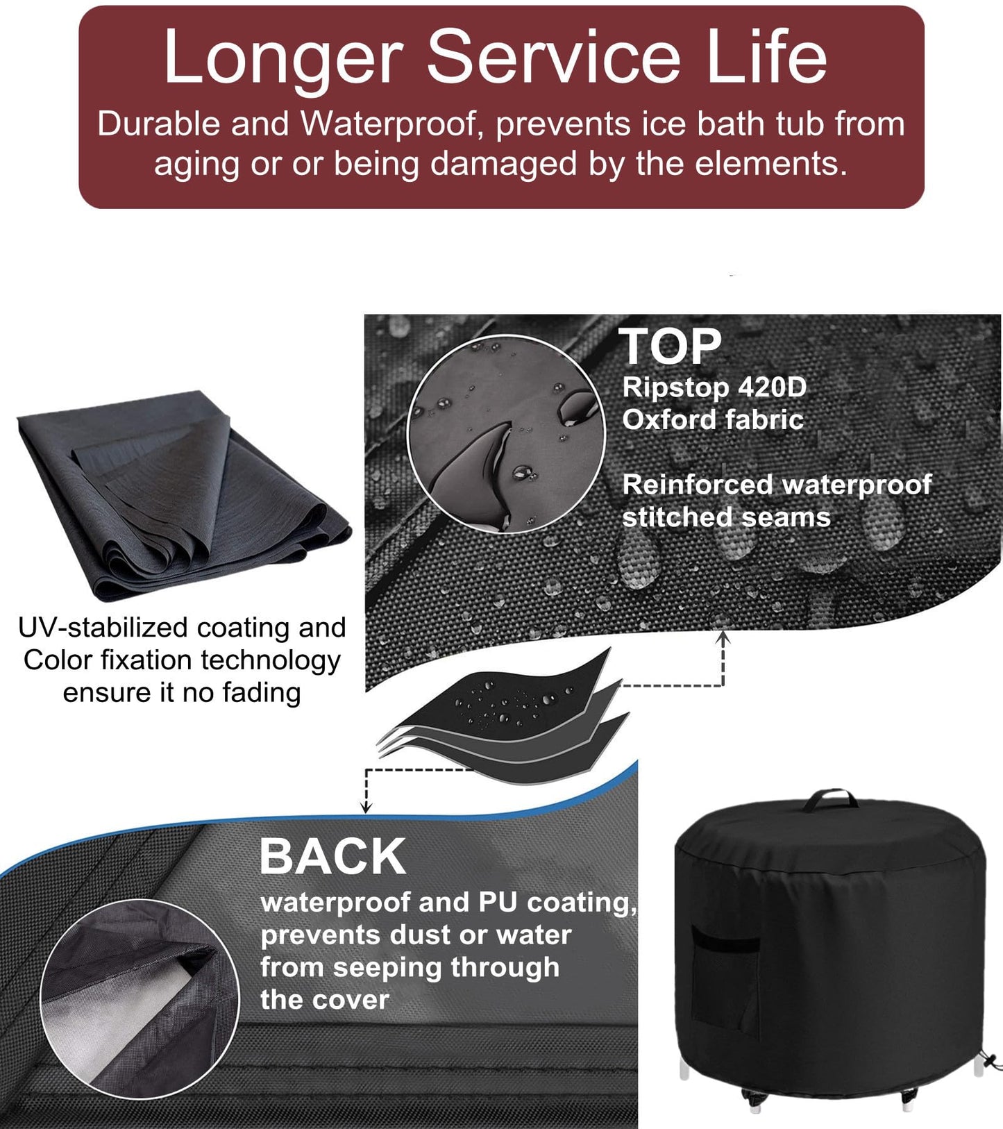 GS Alderaul Portable Ice Bath Tub Cover - Dustproof, Waterproof with Windproof Hem - Outdoor Ice Bath Barrel Cover for Cold Plunge Tub
