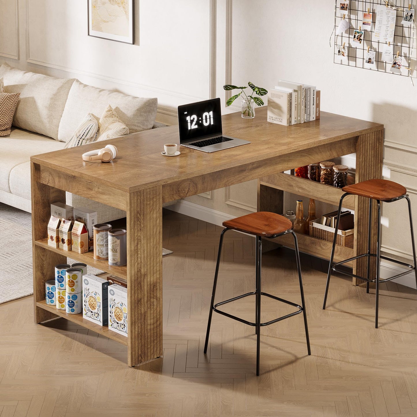 Tribesigns 63-Inch Kitchen Island with Storage, Farmhouse Home Bar Table with Double-Sided Storage Shelves, Large Stationary Island Table for Kitchen, Dining Room, Living Room (Natural)