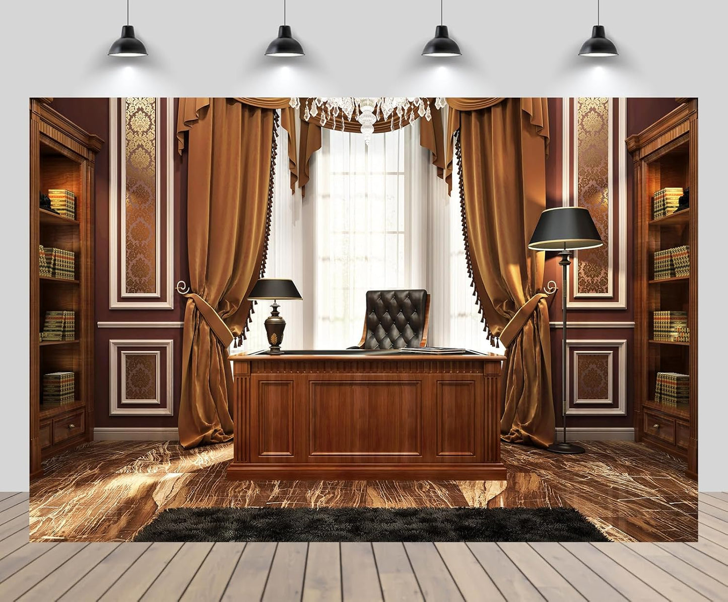 CHNYWORK 7x5ft Luxury Wood Home Office Backdrop Retro Classic Desk Chandelier Bookshelf Window Library Video Conference