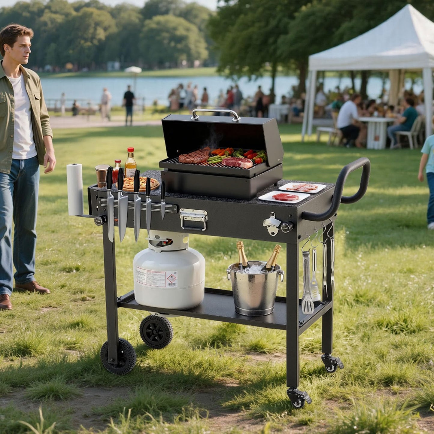 VEVOR Outdoor Grill Cart, 31.0 x 17.0 inch Tabletop Size Grilling Table, Foldable Outdoor Cooking Table with Tissue Holder, Wheels, Magnetic Tool Rack, BBQ Prep Tables for Picnic, Kitchen, Courtyard