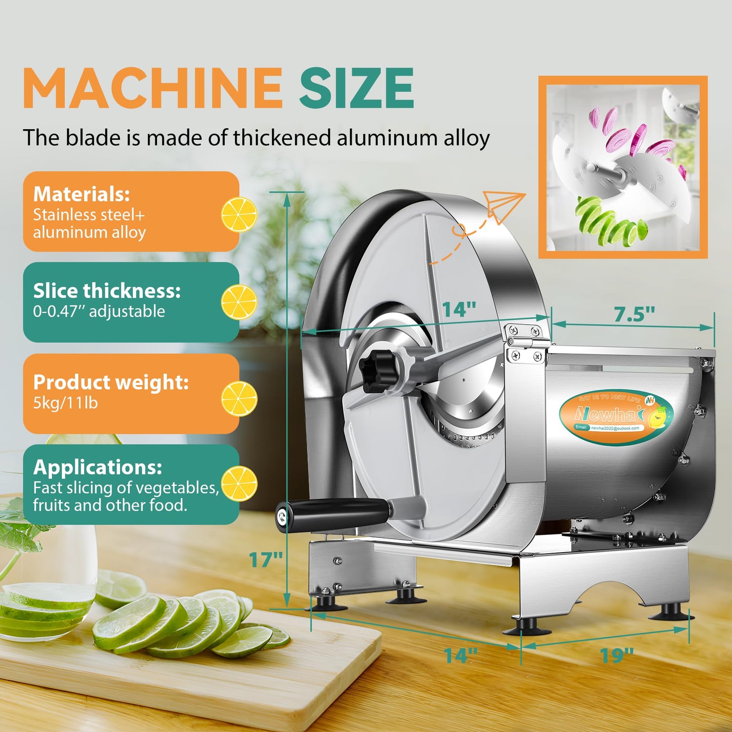 Newhai Manual Vegetable Fruit Slicer 0-12mm(0-0.47’’) Thickness Adjustable Commercial Food Cutter Slicing Machine Stainless Steel for Potatoes Lemon with 2 Spare Blades (Stainless Steel)