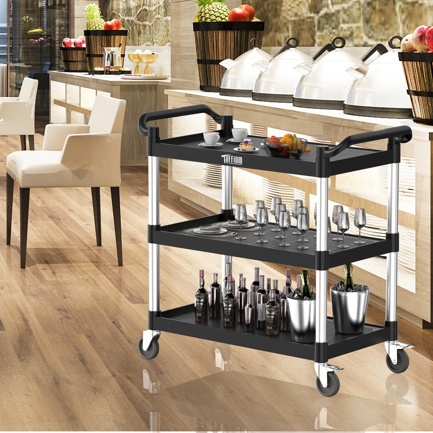 TUFFIOM Plastic Service Utility Cart with Wheels,Heavy Duty 450lbs Capacity, 3-Tier Commercial Rolling, Ideal for Restaurant, Foodservice, Office, Warehouse, Black 39.8''L x 19.1''W x 38.4''H