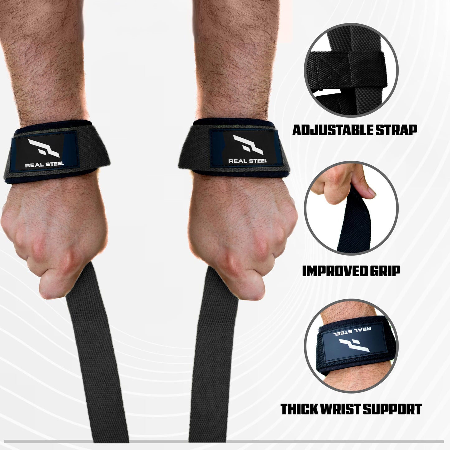 Real Steel Lifting Wrist Straps for Weightlifting - 24" Cotton Weight Lifting Straps for Men and Women for Deadlifts, Bodybuilding, Powerlifting - Padded Neoprene Gym Hand Grips - Black
