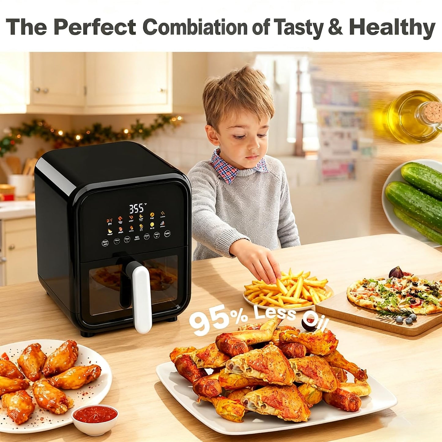 Simple Deluxe 12-in-1 Air Fryer 7.5 Qt, Digital Preset & DIY Function Airfryer with Visible Window, Nonstick and Dishwasher-Safe Basket, Chicken, Fries, Fish, Tart, Cake, DIY, Black