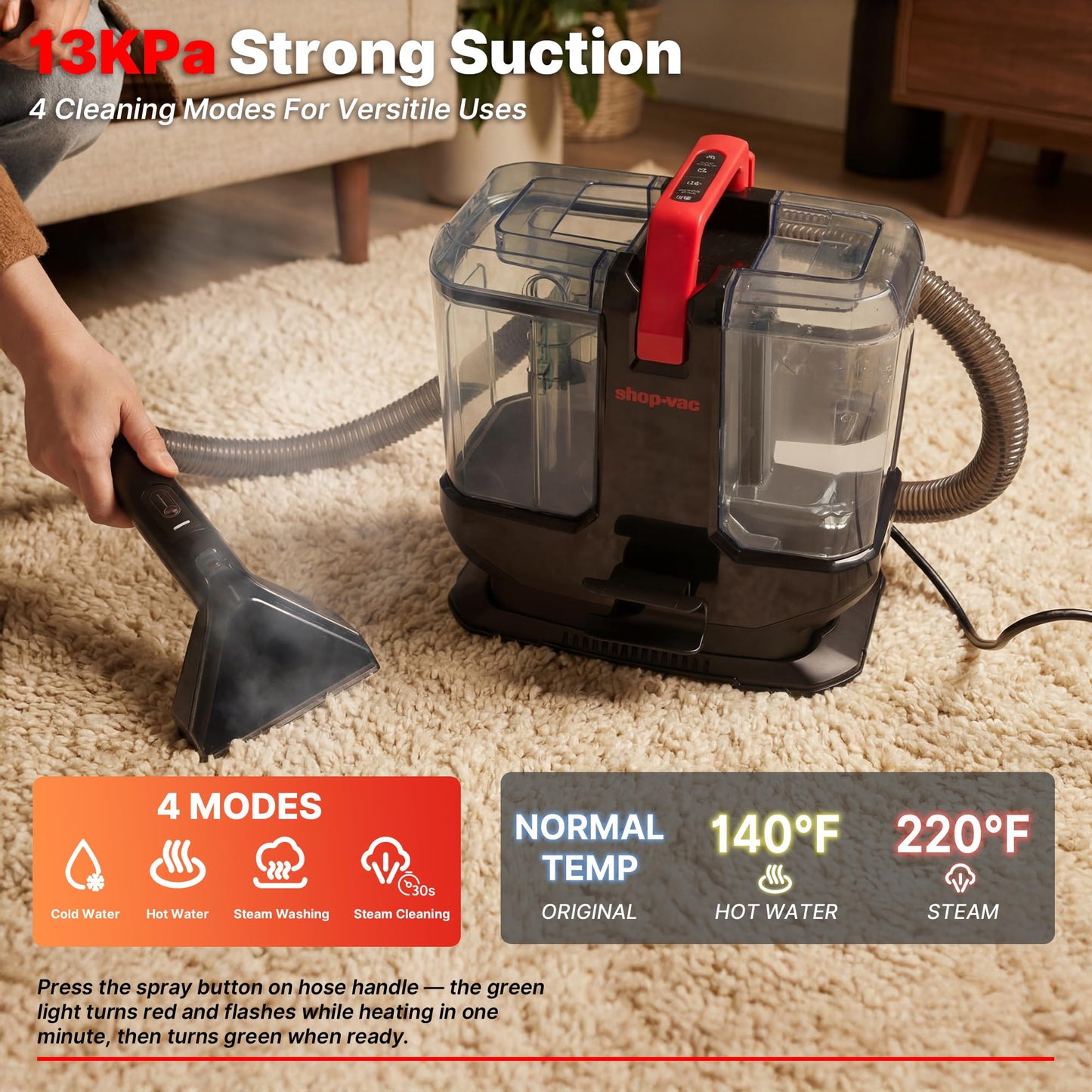Shop-Vac Portable Carpet Cleaner Machine with 212℉ Steam & Heating System, 4 Cleaning Modes Upholstery Cleaner with Versatile Tools for Car, Rug, Couch, Bathroom, Kitchen Messes, 5430270