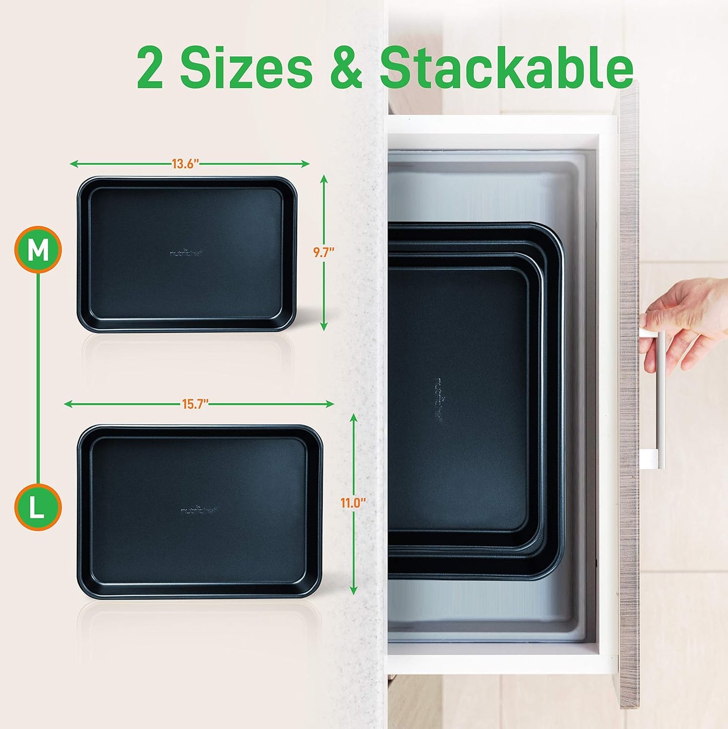 NutriChef Non-Stick Cookie Sheet Baking Pans - 2-Piece Oven Trays with Superior Coating | 15" x 11" & 13" x 9" Sizes, Dishwasher Safe