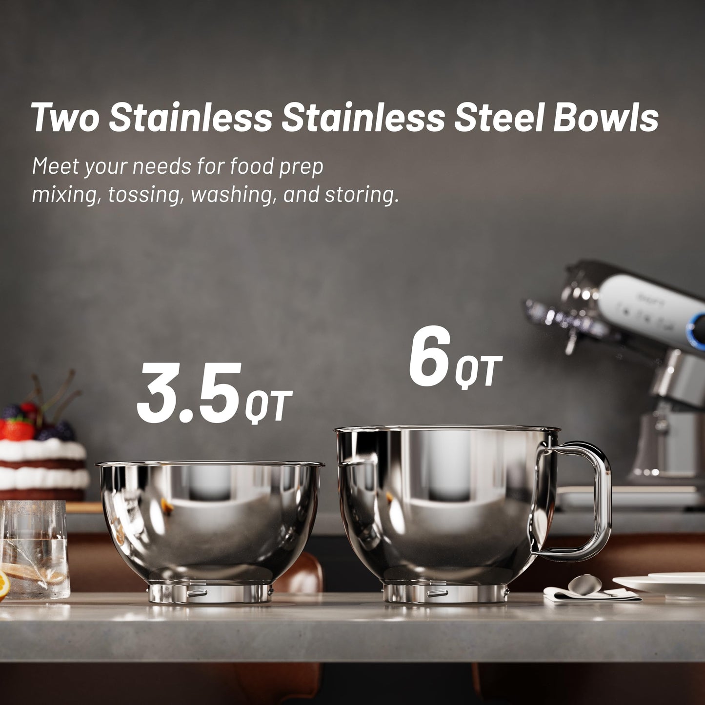 GEFT Stand Mixer, 3.5QT+6QT Two Bowls Kitchen Electric Mixer, 600W 6+P speed Tilt-Head Food Mixer with Stainless Steel Bowl, Dishwasher-Safe Dough Hook, Flat Beater, Wire Whisk, Splash Guard, Grey