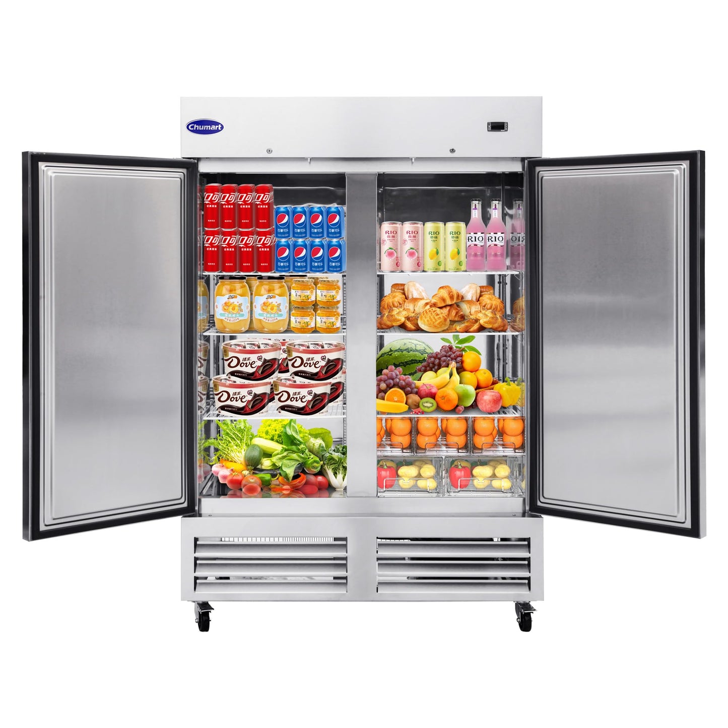 CHUMART 54" W Commercial Refrigerator with 2 door Stainless Steel 49 Cu. Ft Reach-in Refrigerator 6 Adjustable shelves Fan Cooling Fridge for Restaurant, Commercial Kitchen, Shop, ETL Certification