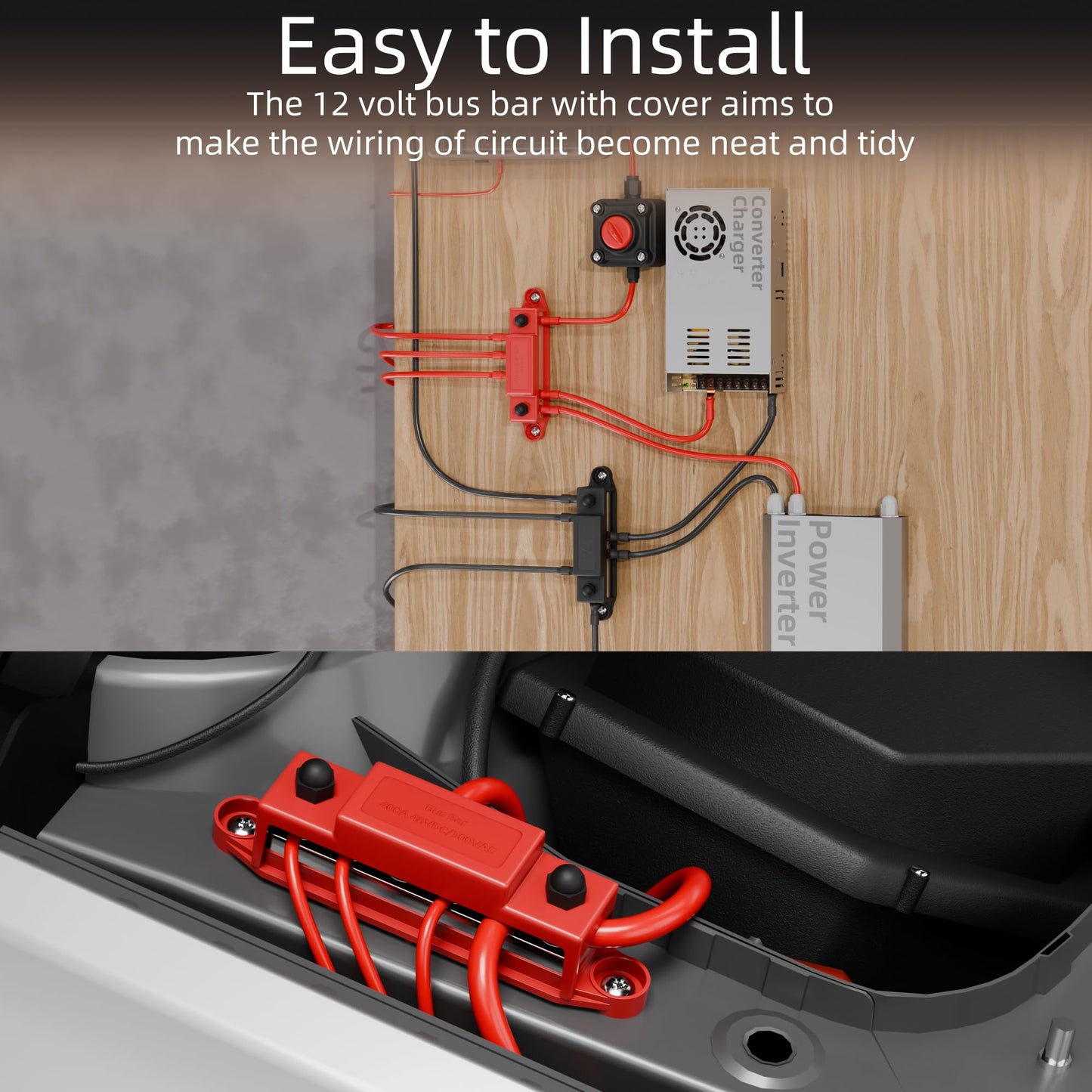 Joinfworld Heavy Duty 500A Bus Bar Waterproof Power Distribution Block with 4*5/16"(M8)+2*3/8"(M10) Studs + Bus Bar 400A 12V Power Distribution Block 6 x 5/16"(M8) Studs for Automotive, Car, Boat, Sol