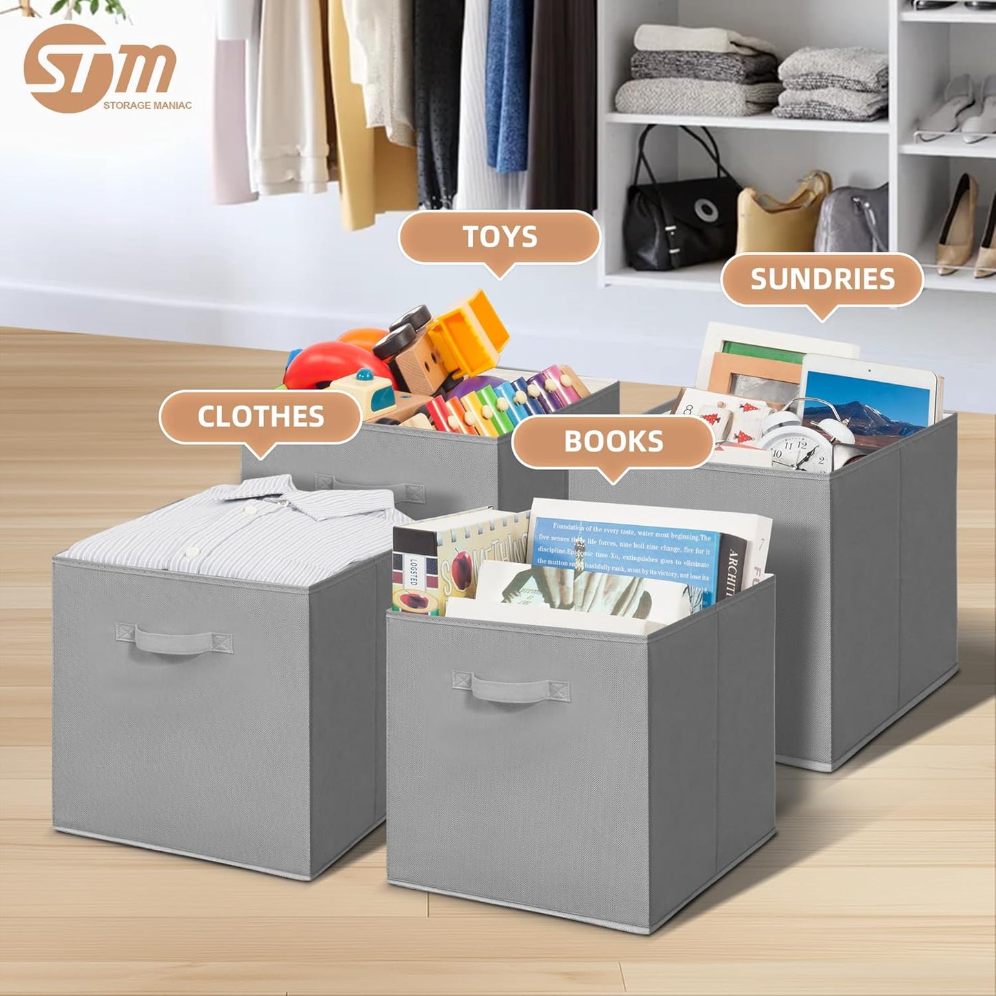 Storage Maniac 13-Inch Collapsible Storage Cubes - Durable Fabric Bins for Organization | 10-Pack Grey