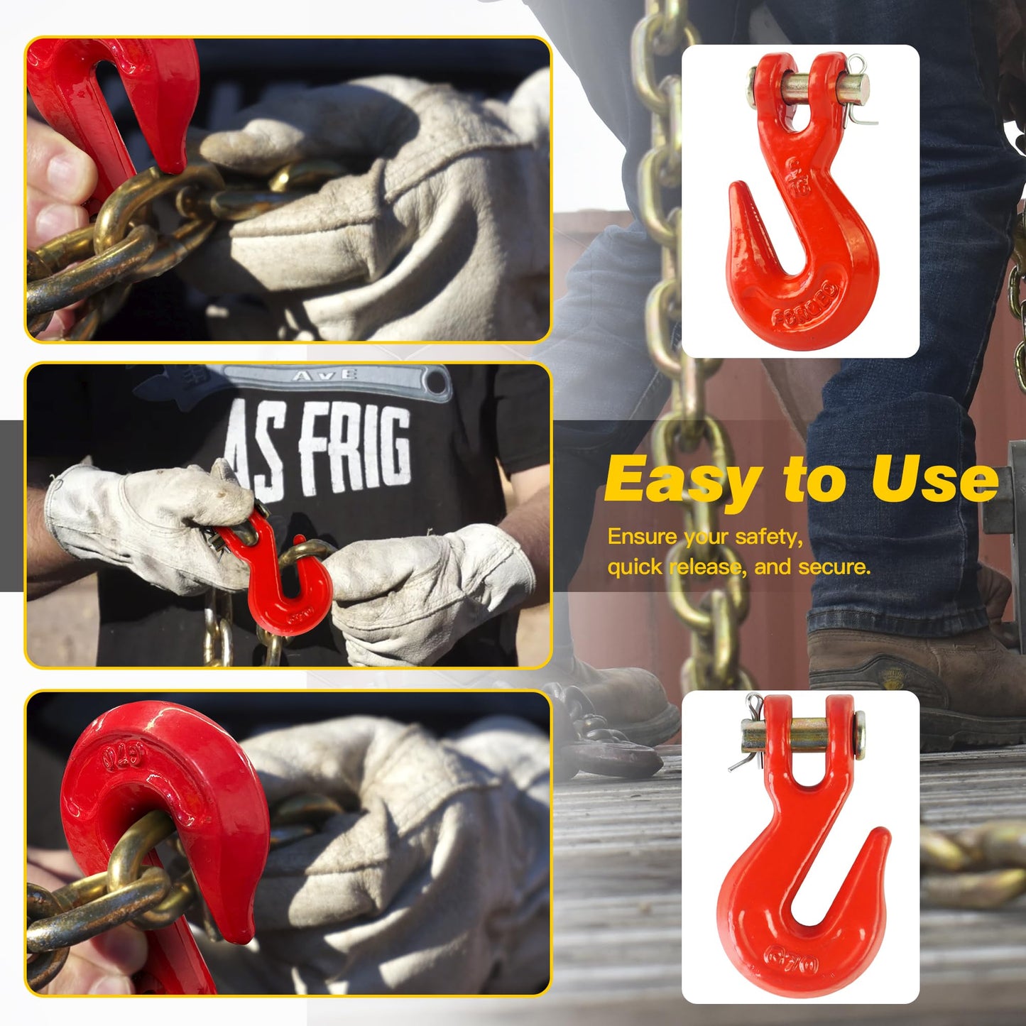 1/4" Clevis Grab Hooks 4 Pack – Heavy Duty G70 Hooks for 1/4" Chain, Red Powder Coated Forged Steel, for Truck, Trailer, Flatbed, Tow, Farm Use – 3,600 lbs WLL
