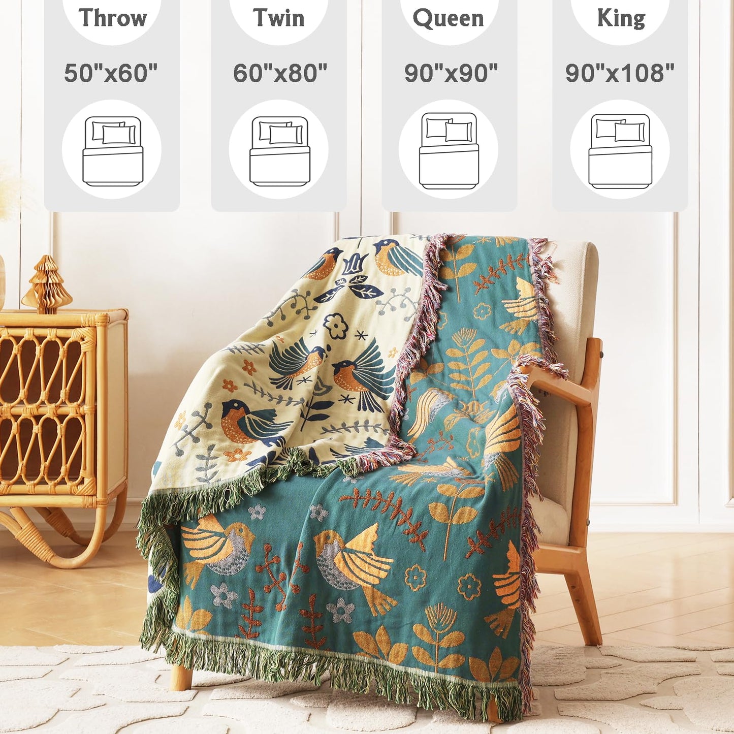 Vksucss Throw Blanket for Couch Bed Cozy Cotton Blankets Twin,Soft Gauze Boho Throw Blanket Birds and Floral Doubel Side Embroidery,60"x80" Comfy Muslin Bed Blankets