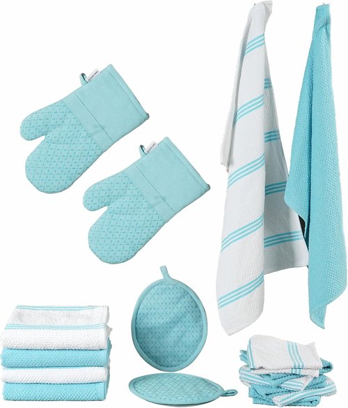 Lane Linen 16-Piece Kitchen Towel Set | Heat Resistant Oven Mitts & Pot Holders, Absorbent Aqua Dish Cloths