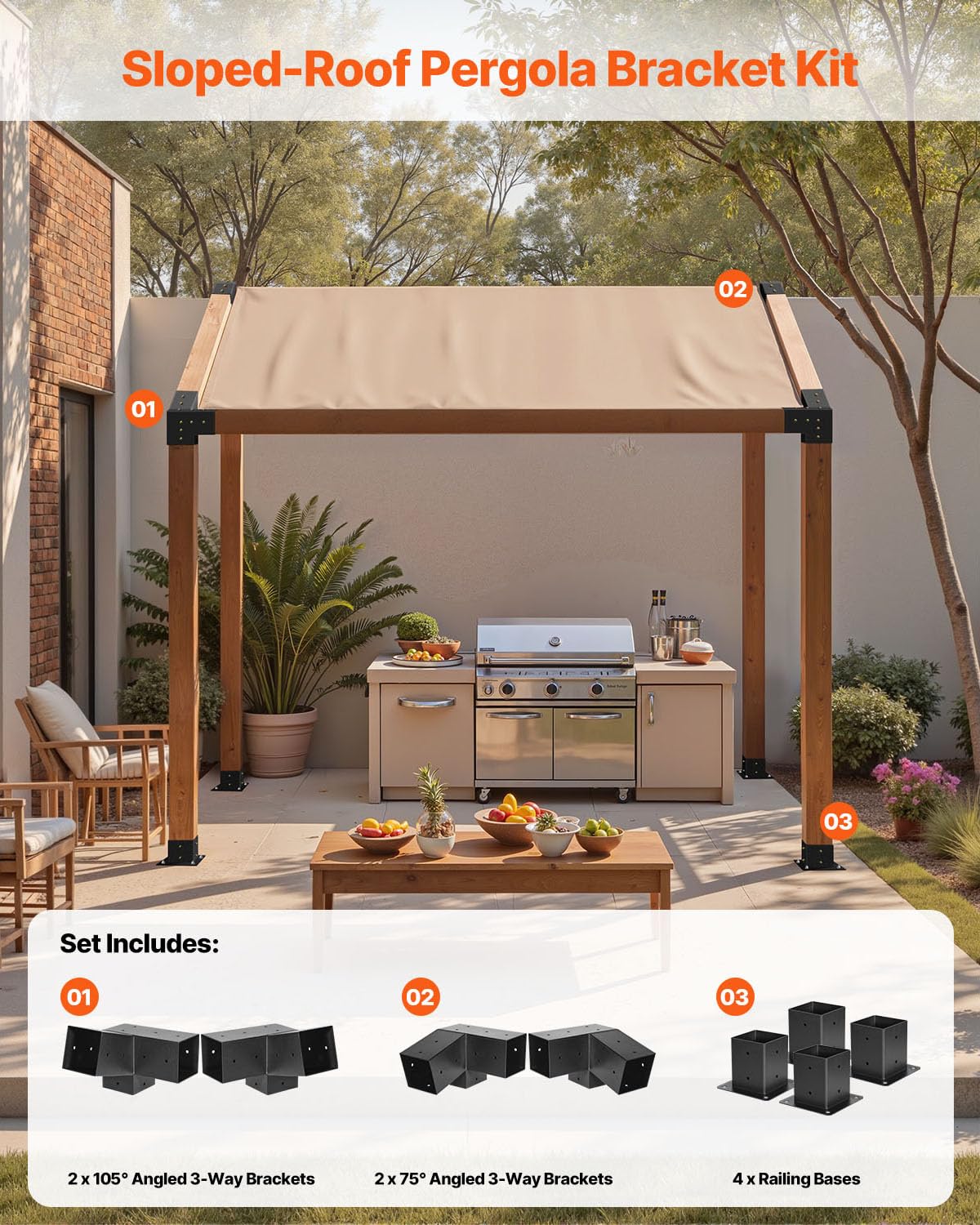 VEVOR Pergola Kit, 4x4 Inch 3-Way Slanted Bracket for 3.5x3.5 Inch Wood Beams in Actual Size, Carbon Steel Pergola Bracket with Screws and Post Bases, for Outdoor Wood Pergolas, Gazebos, Sheds, 8 Pcs