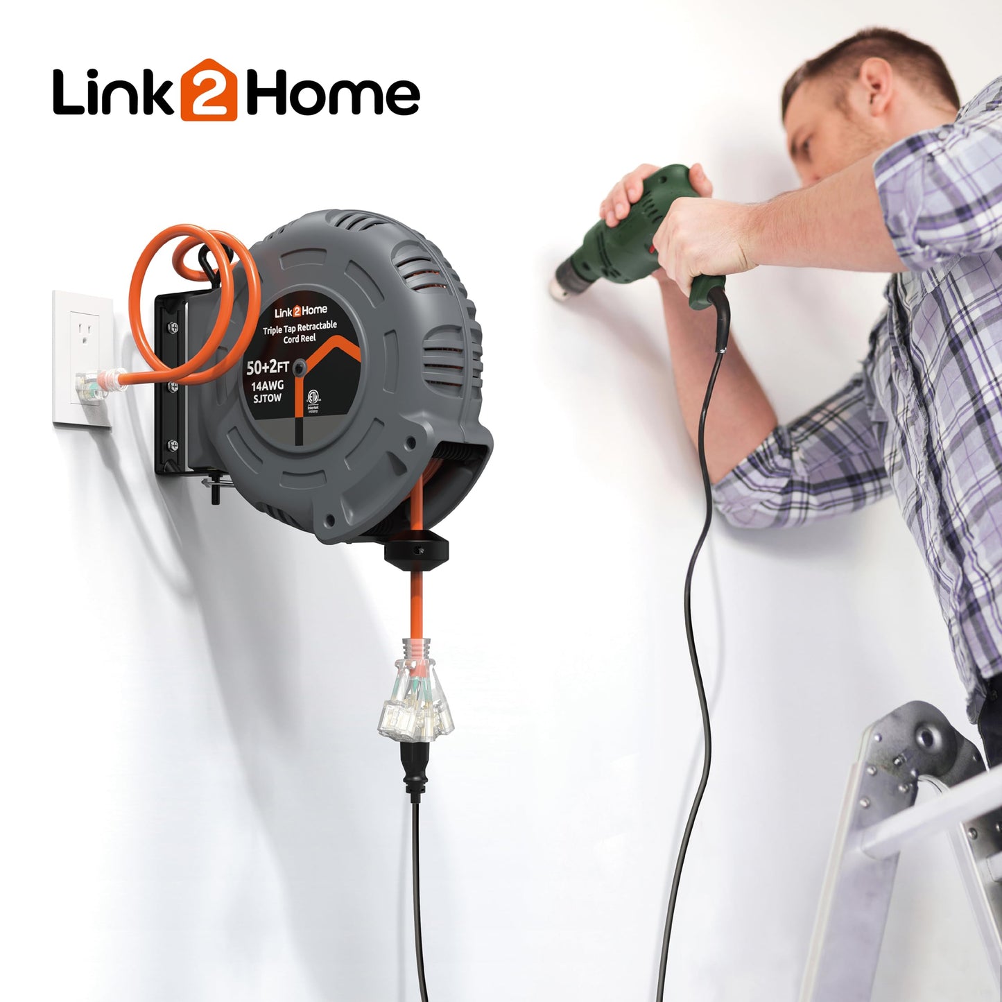 Link2Home 50 Ft. Retractable Extension Cord Reel with 3 Outlets, Lighted Triple Tap, 14AWG SJTOW Heavy-Duty Cord, Overload Protection, Wall/Ceiling Mount