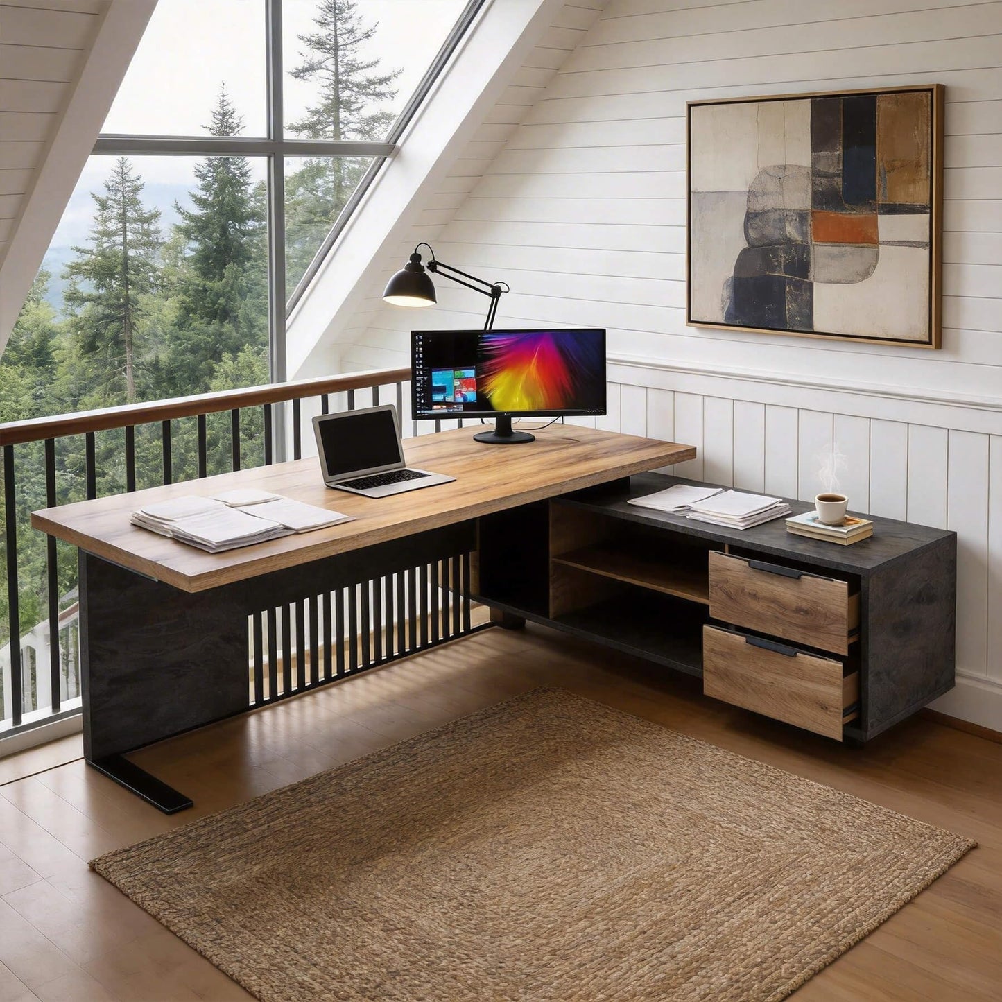 GT BLACK TURNSTONE Professional Wood Executive Desk, Large Office Table with 2 Drawers and 2 Cabinets, Heavy Duty Home Office Desk for Business & Workstation, One-Piece Tabletop (Right Return, 71in)