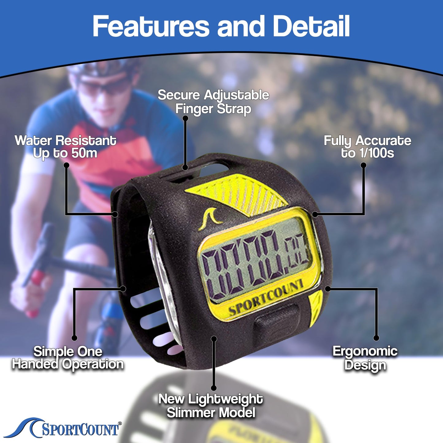 SC SportCount Finger Stopwatch Swim Timer - Waterproof Handheld Swimming Stopwatch for Running, Pickleball, and Cycling