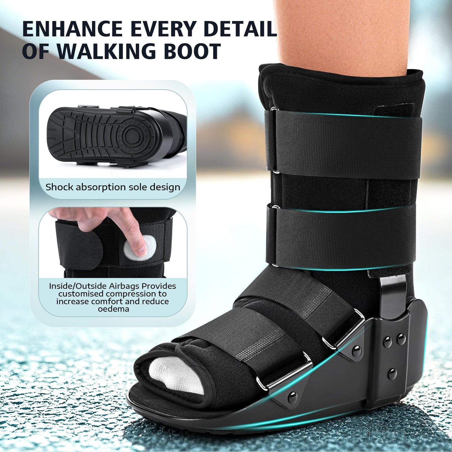 Medibot Advanced Walking Boot for Ankle Injuries & Fractures Adjustable Air Splint with Pump, Medium Black, Fits Shoe Size 6-10'', Men and Women